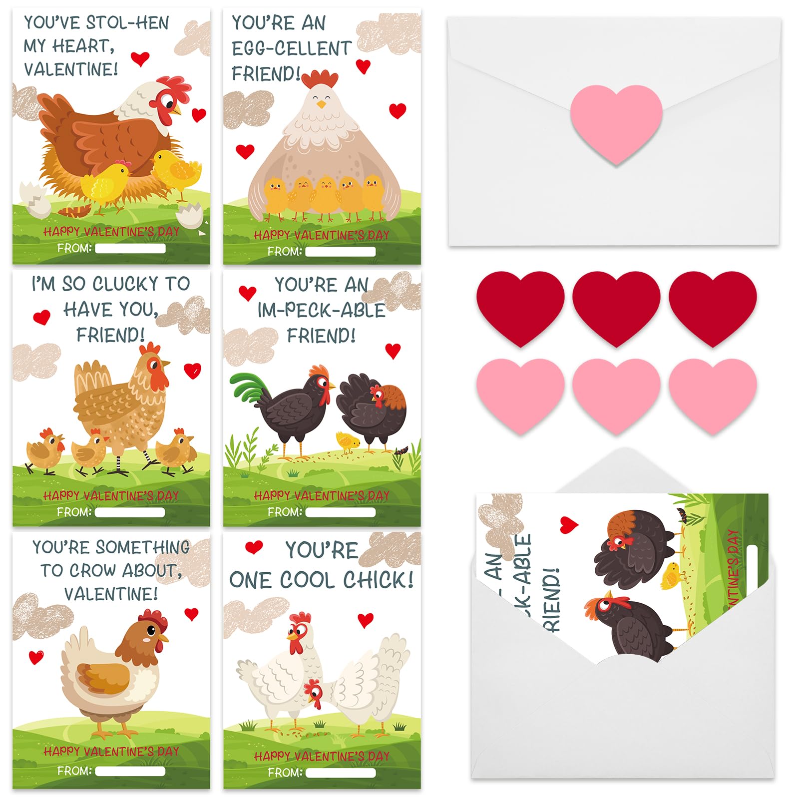 Fjoron 30 PCS Chickens Valentines Day Cards for Kids Chickens Valentine Exchange Cards with Envelopes Heart Stickers Classroom School Exchange Party