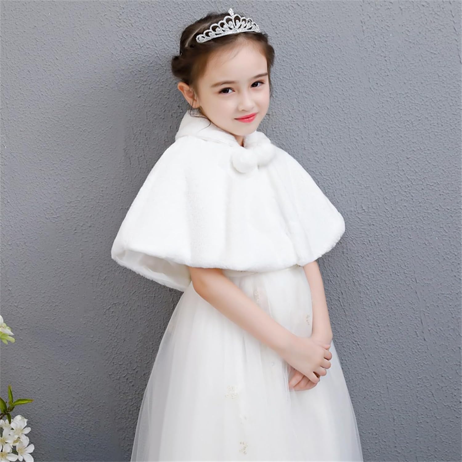 SK Studio Girls Princess Faux Fur Flower Bolero Shrug Party Wedding Dress Up White - Image 2