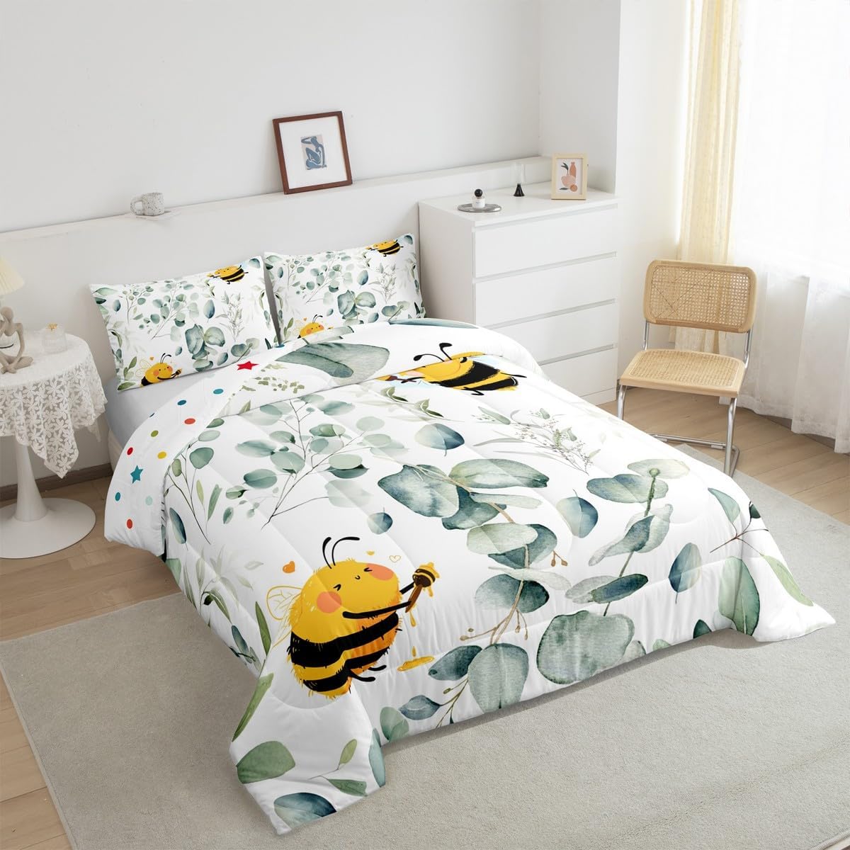 Erosebridal Boys Cartoon Wildlife Toddler Size Comforter Set for Kids Toddler Kawaii Bee Bedding Set, Honey Bee Down Comforter Wild Animal Bed Set, Botanical Green Eucalyptus Quilted Duvet