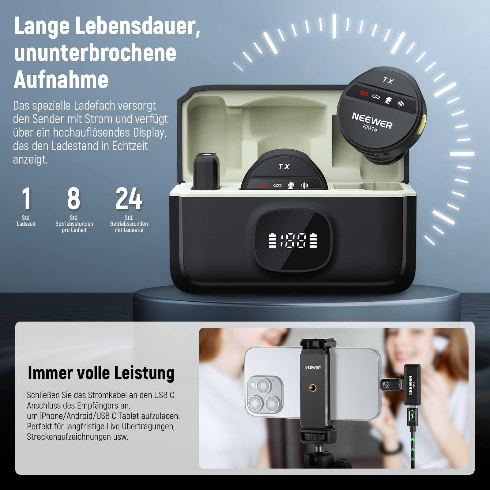 NEEWER Kabelloses Lavalier Mikrofon für iPhone Lärmunterdrückung Mini Ansteckmikrofon Set mit USB C OTG Lade Etui 24H Akku 200m Reichweite Kompatibel mit iPhone 16 15 Android Telefon PC Laptop, KM18