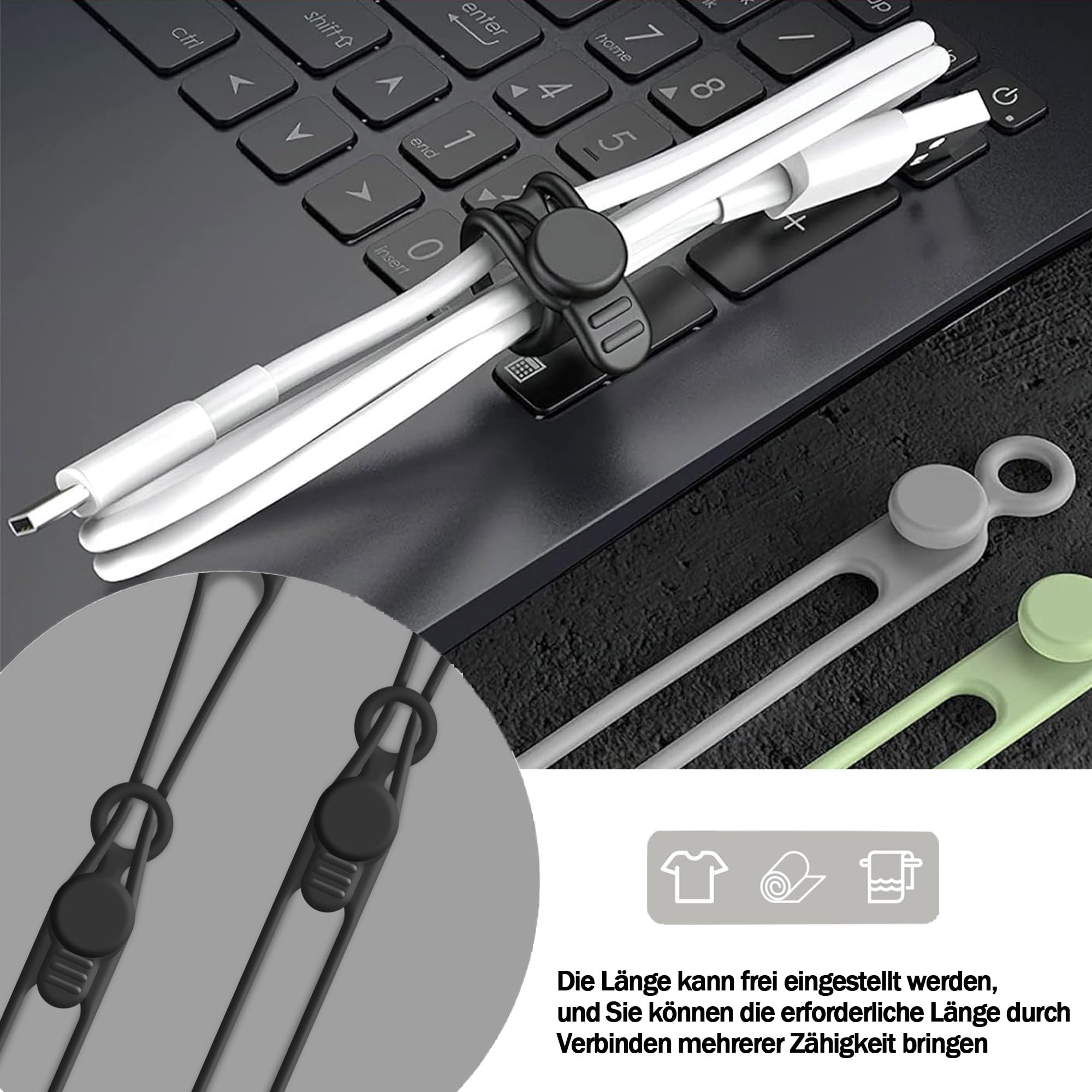 8 Pcs Fascette Cavi Silicone, Riutilizzabili Fascette Cavi, 30 mm Regolabili Fascette Silicone Organizer, Utilizzati Gestire Cavi Ricarica, Cavi Computer, Adatti Viaggi Casa (Nero,Bianco
