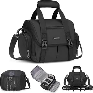 RAINSMORE Camera Bag Professional Camera Case Small Sling Bag DSLR/SLR/Mirrorless Shoulder Crossbody Bag with Waterproof Rain Cover Black