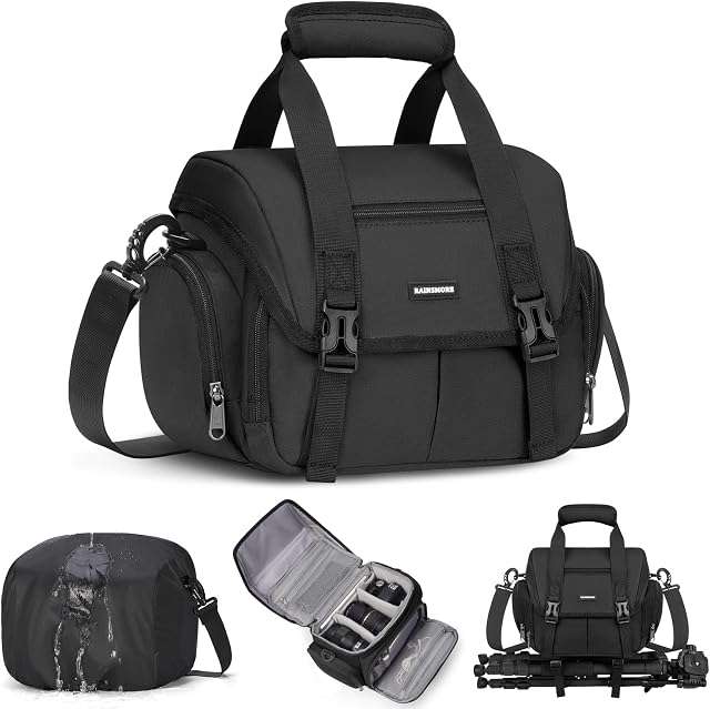 RAINSMORE Camera Bag Professional Camera Case Small Sling Bag DSLR/SLR/Mirrorless Shoulder Crossbody Bag with Waterproof Rain Cover Black