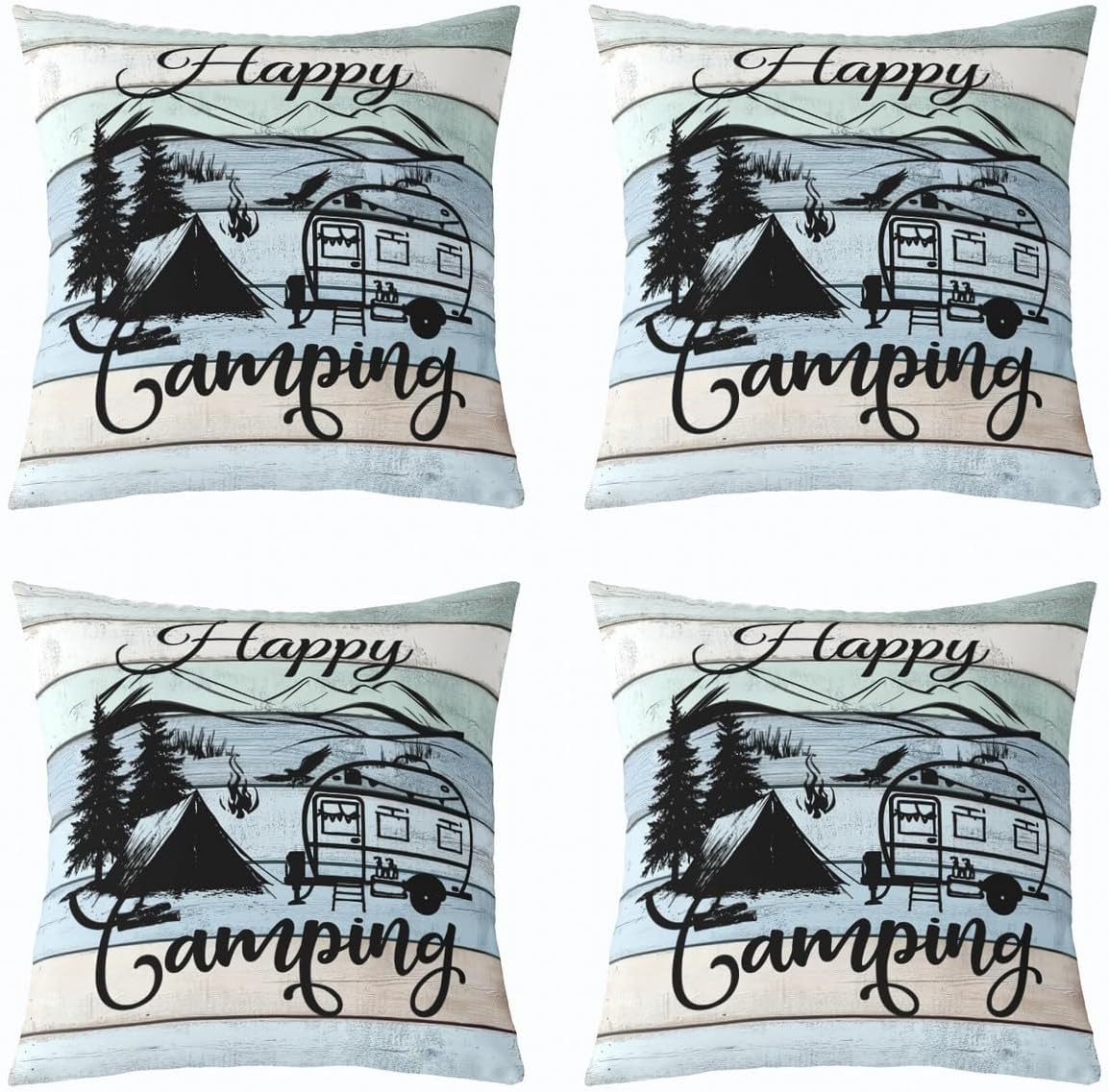 Happy Camping Throw Pillow Covers 18x18 Pack of 4, Camper Cushion Covers For Sofa, Rustic Farmhouse Pillow Covers Camping Decorative Pillow Covers, Rv Car Theme Colorful Vintage Wooden Cushion Cases