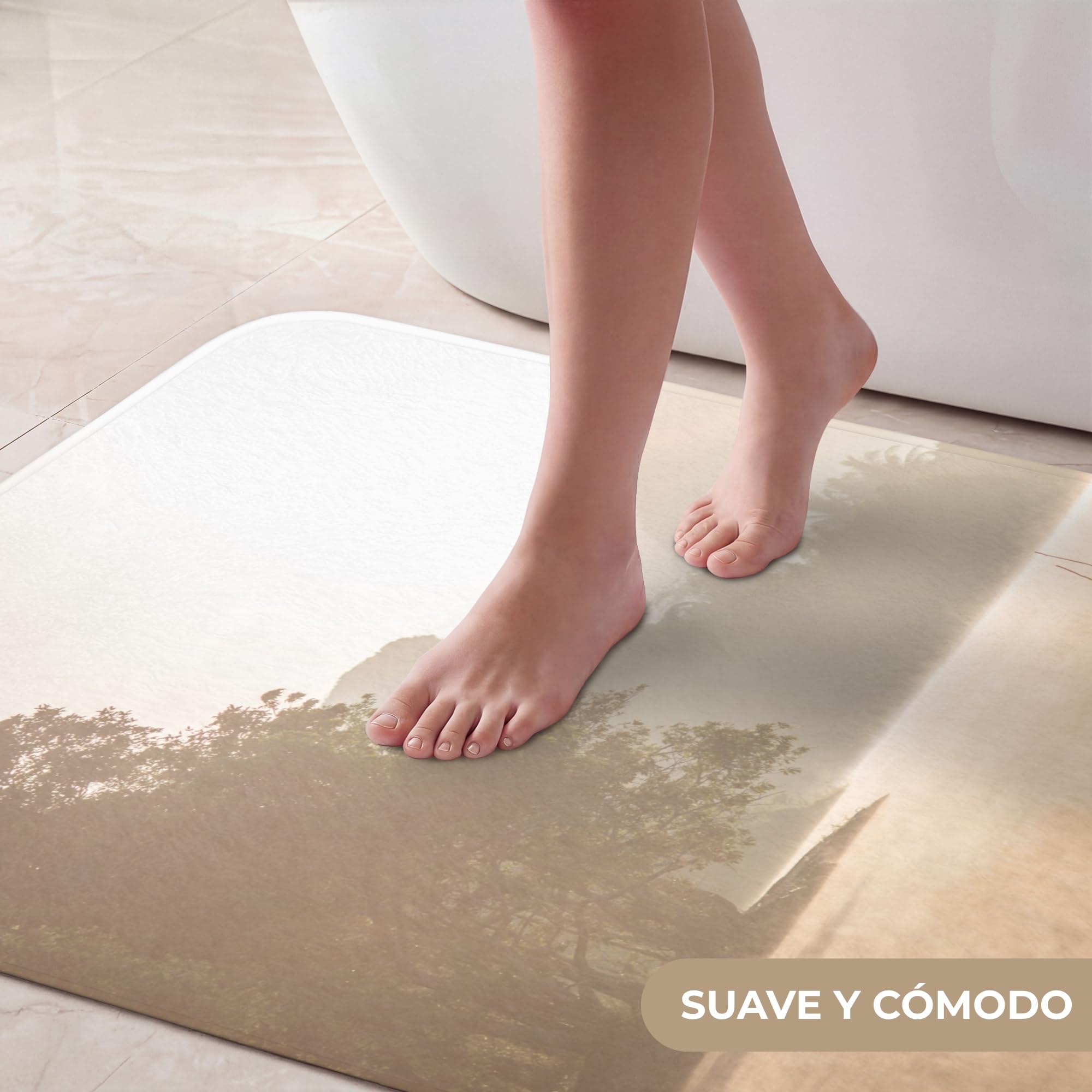Bath Mat Rectangular 60x90 cm Alfombra Baño Alfombrilla Alfombras Ducha Lavable Antideslizante Tapete Banheiro Decoración Paisaje - Bosque - Agua - Niebla - Beige