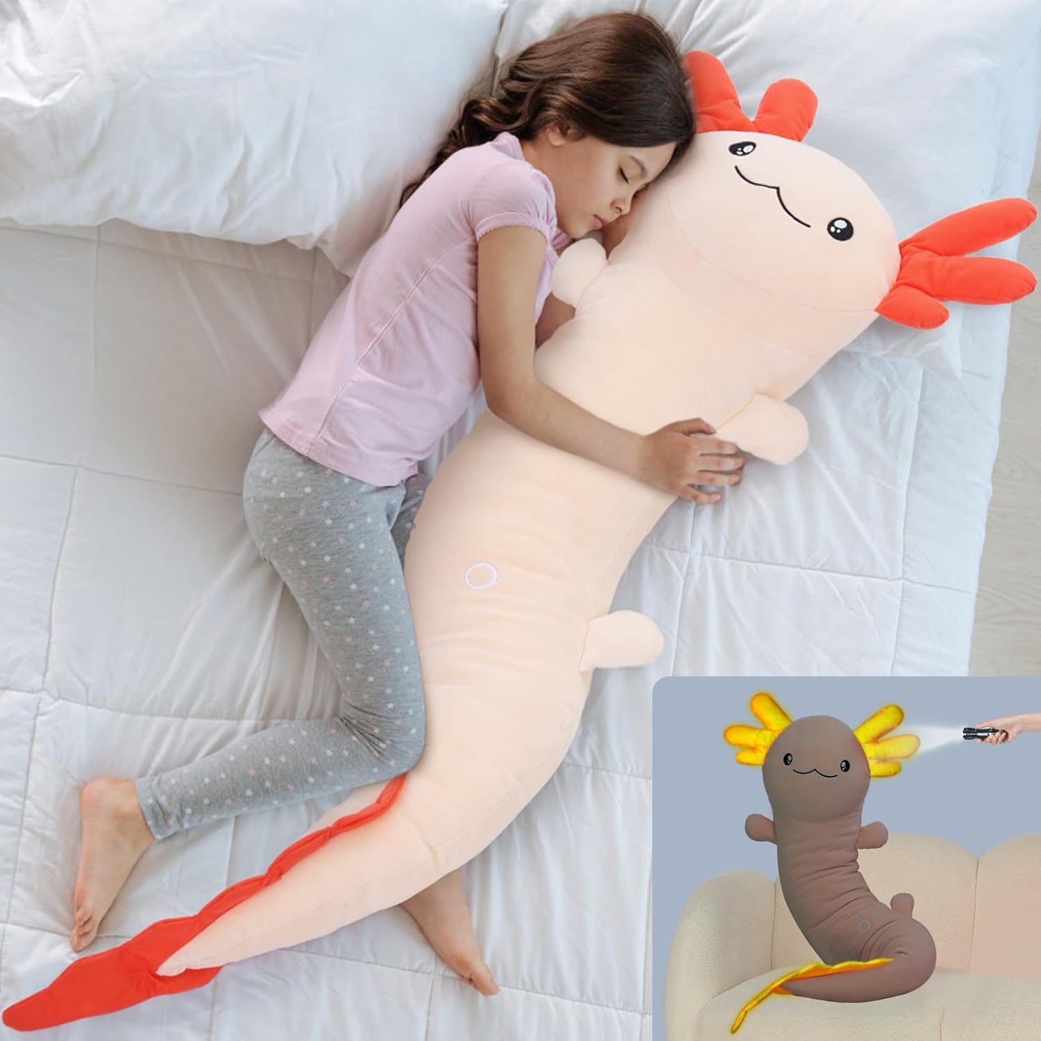 MaoGoLan Giant Axolotl Plush Toy Stuffed Animal, Huge Axolotl Body Pillow for Kids Girl Boy, Big Salamander Plush Glow in The Dark, Birthday Valentine Christmas Party Gifts Pink