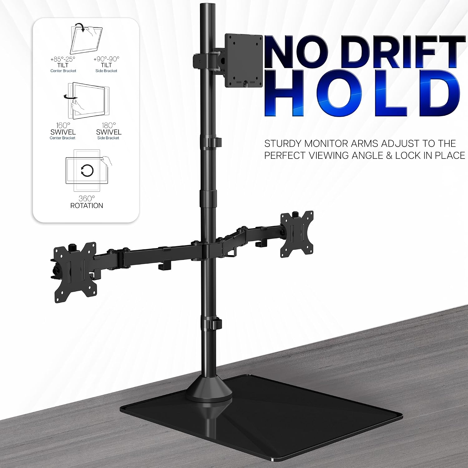 VIVO Triple Monitor Extra Tall Desk Stand for up to 49 inch Ultrawides on Center Bracket and 27 inch Screens on Side Brackets, Holds up to 44 lbs, Tempered Glass Base, Black, STAND-V103T-GB image 5