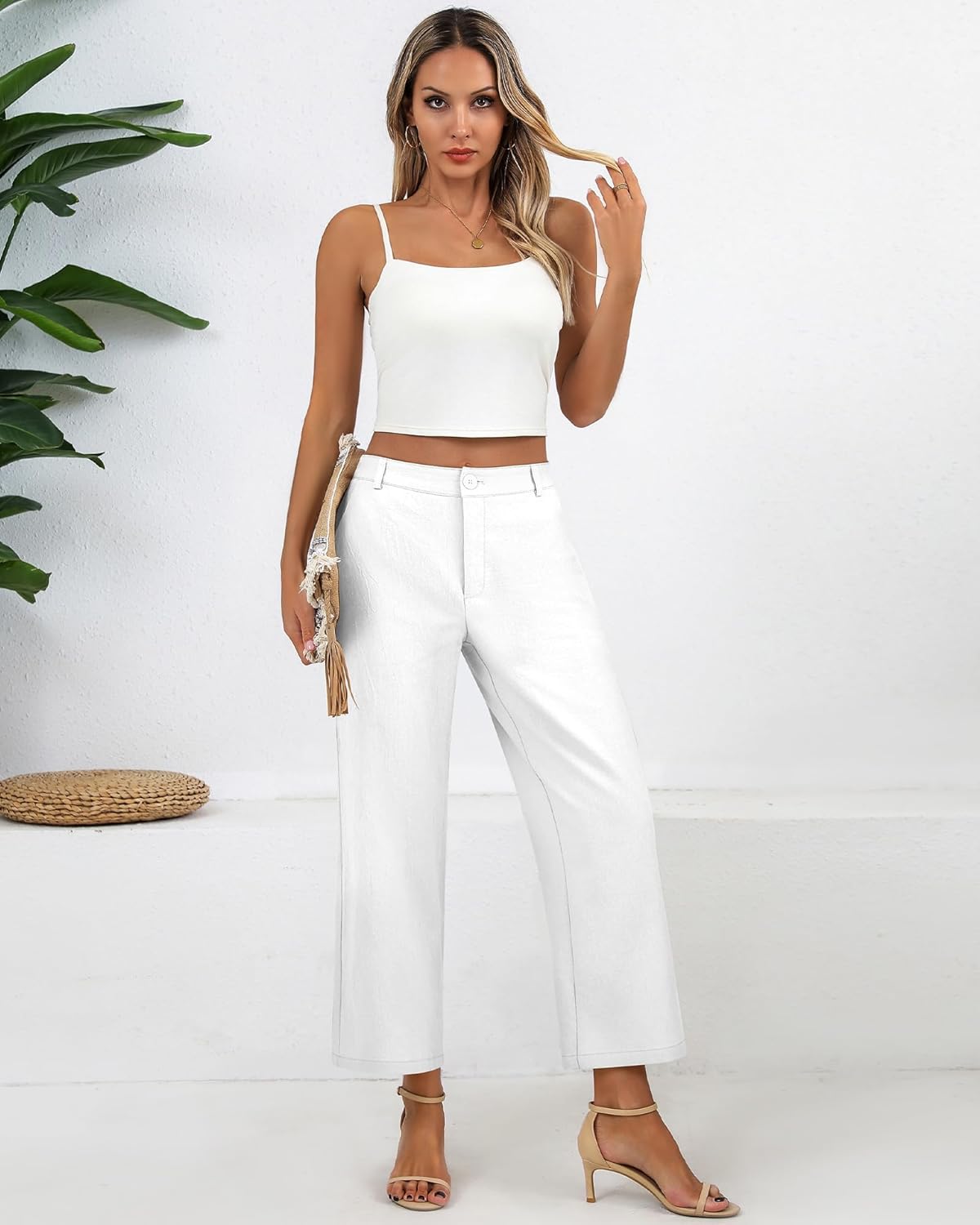 Neer Women's Cotton Linen Palazzo Pants, Casual Wide Leg Lounge Pants Summer High Waisted Flowy Trousers with Pockets - Image 7