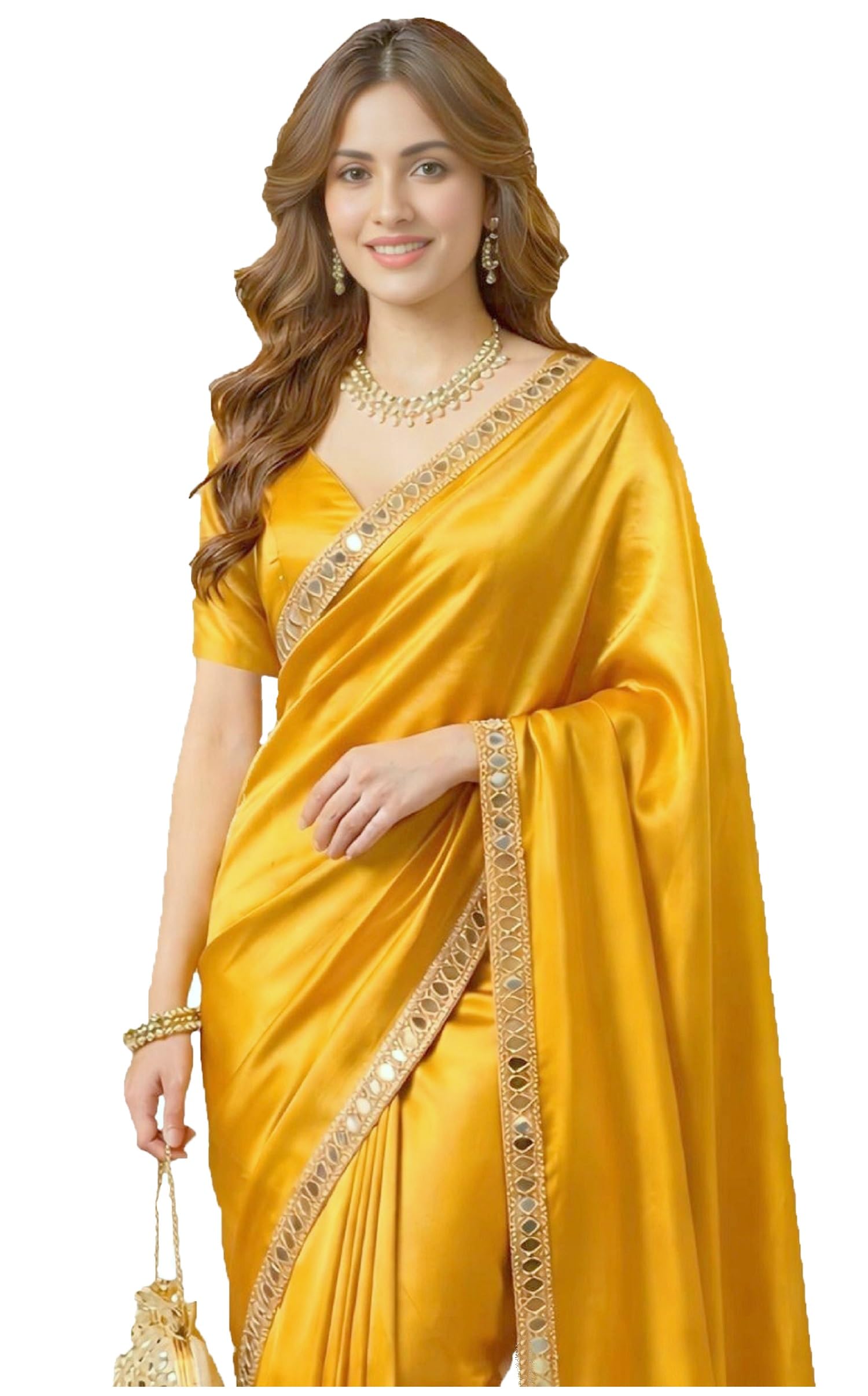 sataz Women's Ready to Wear Yellow Gold Satin Silk Pre Pleated Readymade Mirror Lace Saree with Unstitched Blouse-picture-55