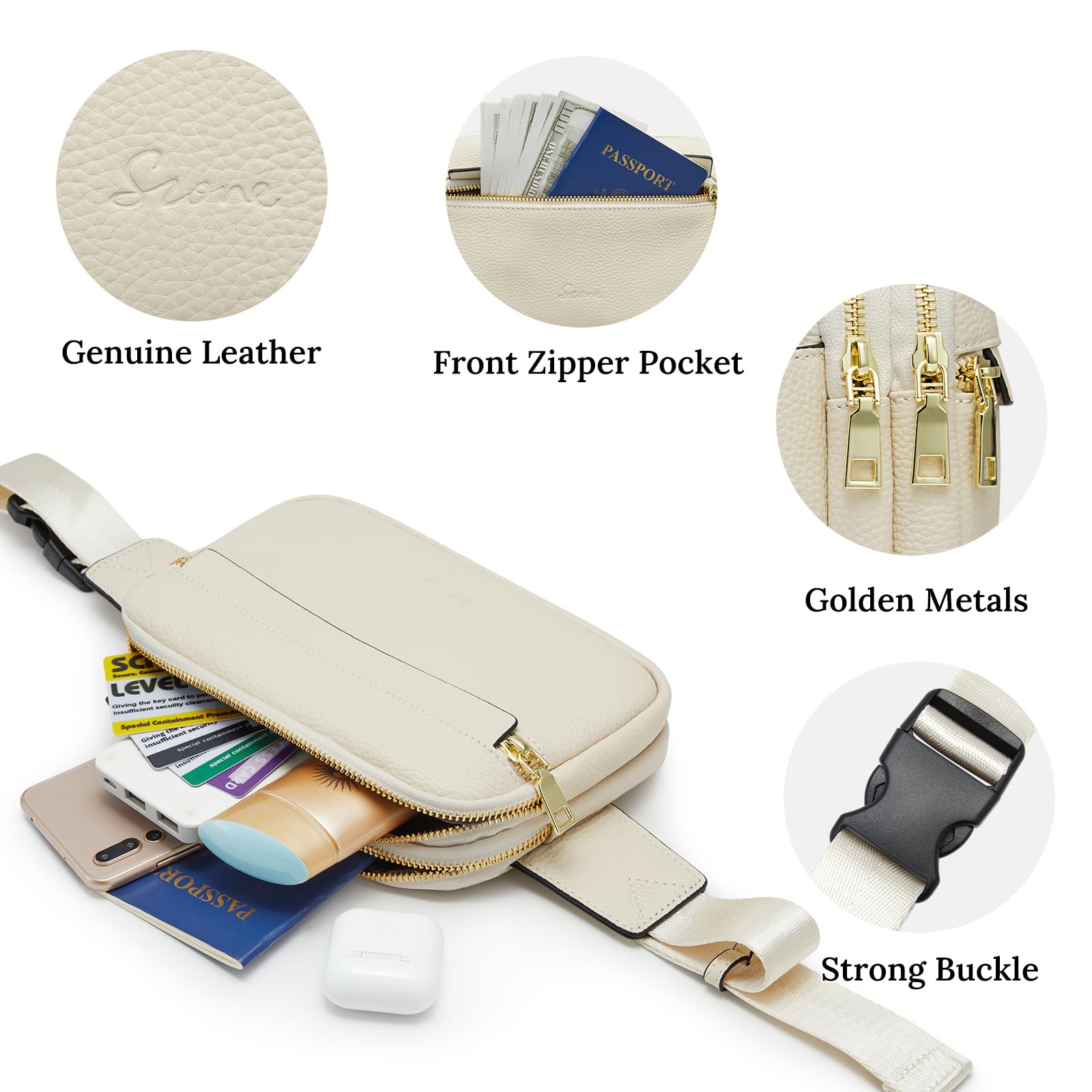 S-ZONE Fanny Packs for Women Genuine Leather RFID Blocking Crossbody Bags Purses Sling Waist Chest Bag Gifts Travel Running Adjustable Strap Men: Off White