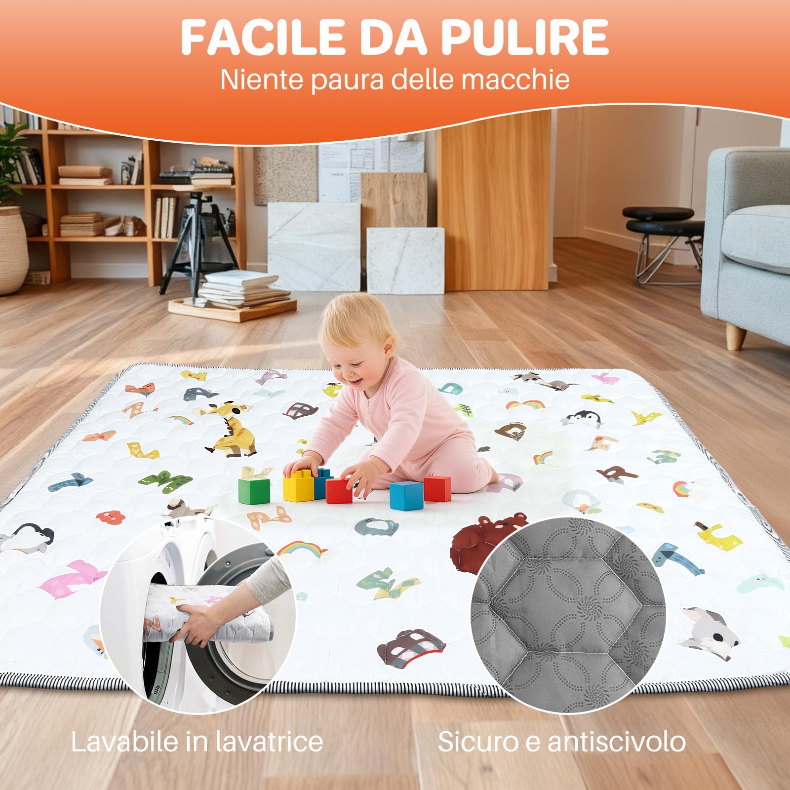 FUNYKICH Tappeto Gioco Bambini Pieghevole 150x150x1 cm,Morbido e Antiscivolo,Tappeto Neonato Gattonamento, per Camera da Letto, Soggiorno, Recinzione,Lavabile in Lavatrice