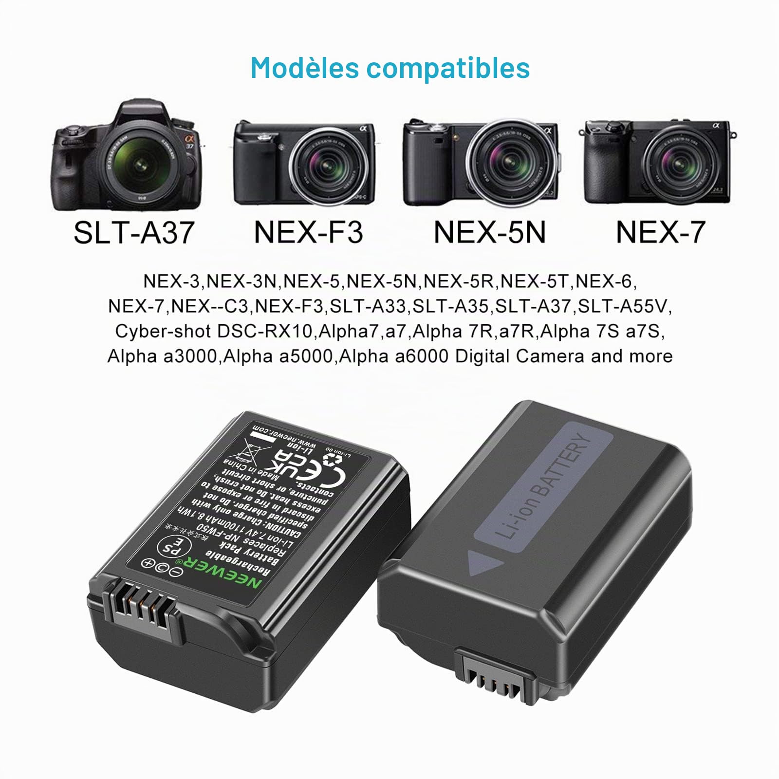 Neewer NP-FW50 Chargeur de Batterie pour Appareil Photo Compatible avec Sony A6000, A6500, A6300, A6400, A7, A7II, A7RII, A7SII, A7S, A7S2, A7R, A7R2, A55, etc. (2 Batteries, Micro USB Port, 1100mAh)
