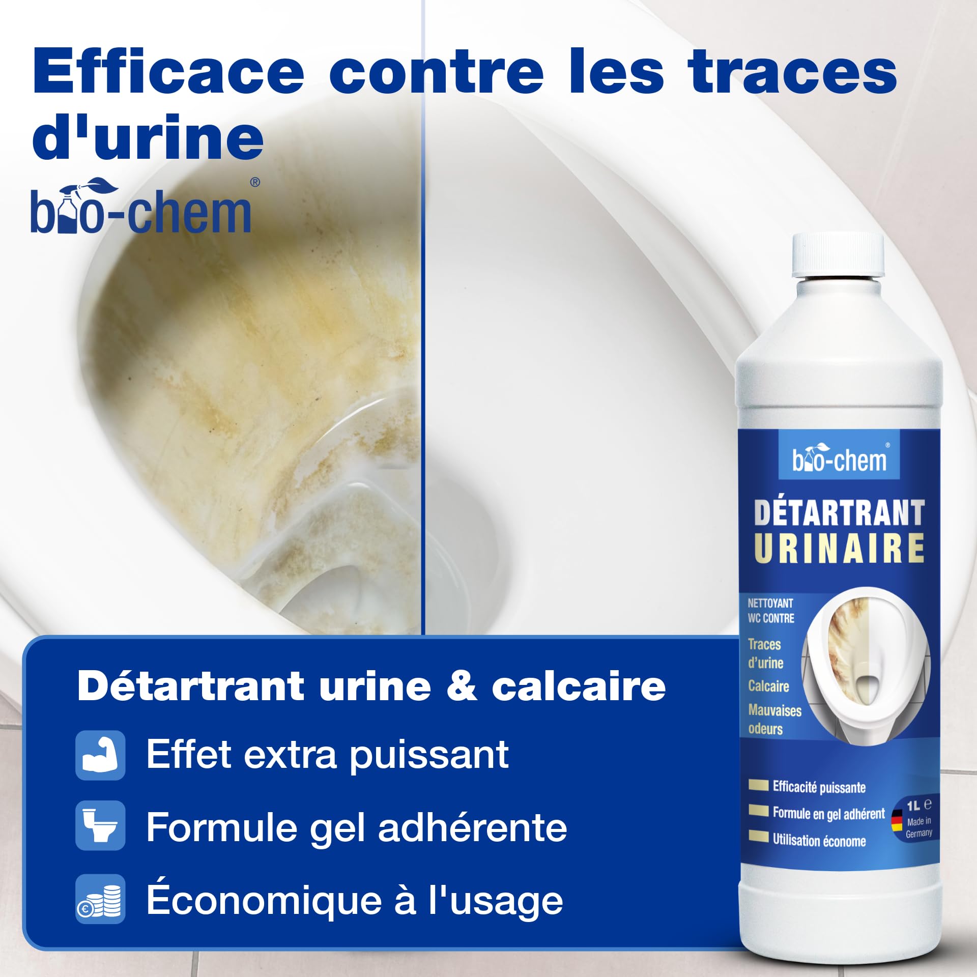 bio-chem Set de 3 nettoyants pour salle de bain, douches, WC | Déboucheur de canalisation 1L - Décapant urine et calcaire 1L - Produit surfaces de salle de bain 750ml