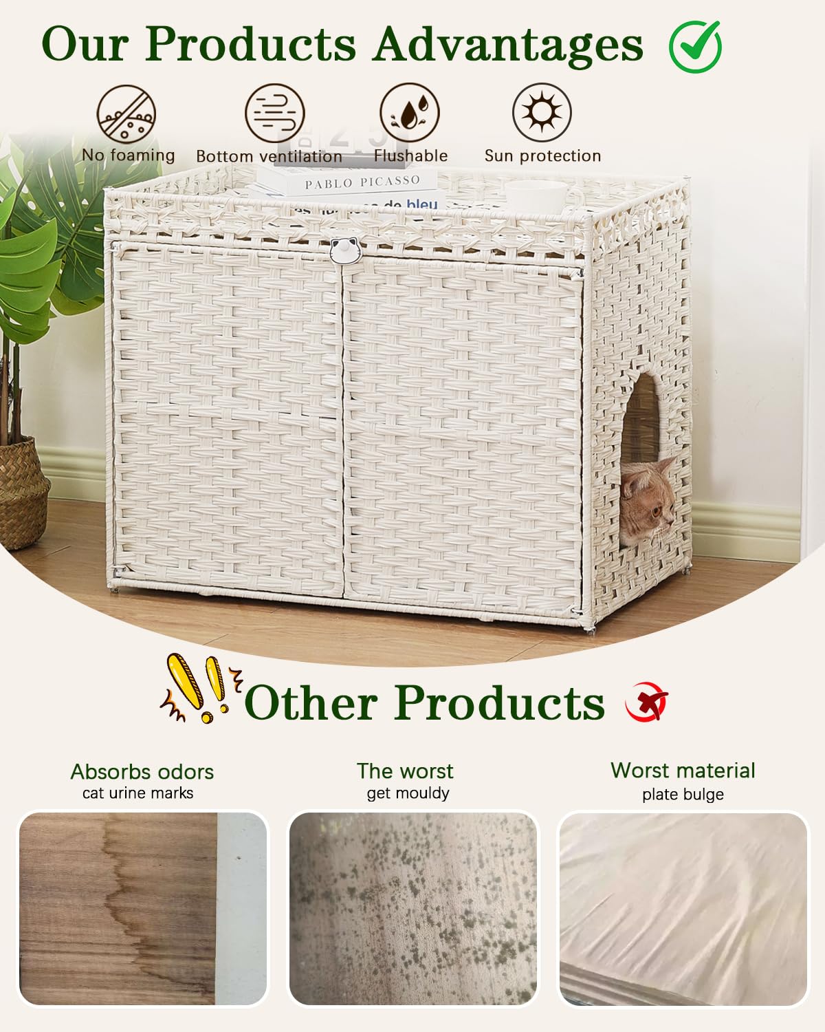 Cat Litter Box Enclosure Furniture, Handwoven Rattan Hidden Litter Box with Mat, Large Space Cat House with 2 S-Shaped Hooks 30.3 x 18.3 x 24.4 Inches, Indoor for Living Room Apartment White - image 3