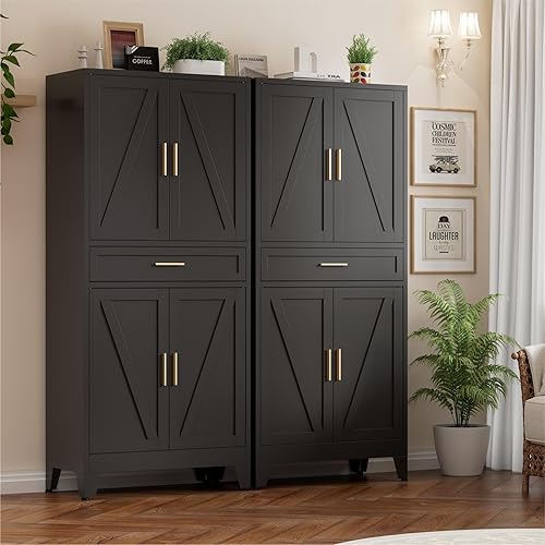 Armarios de almacenamiento de metal con cajón, archivador de 71 pulgadas con 4 estantes ajustables y 4 puertas, archivador de diseño geométrico