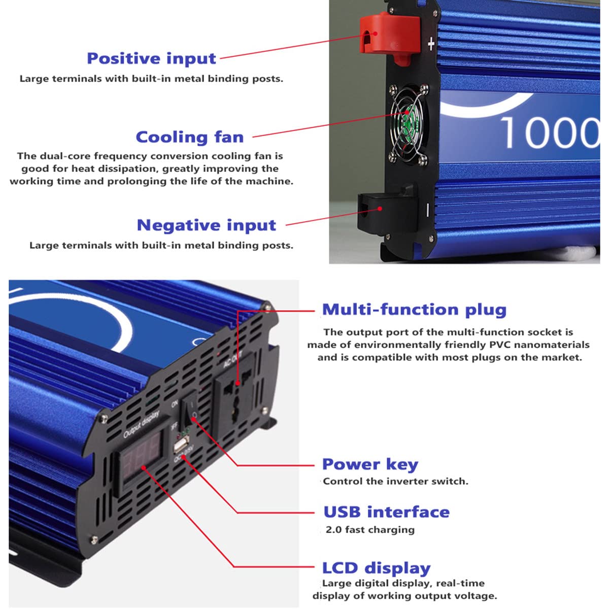 Przetwornica napięcia 12v do 220v/110v czysta fala sinusoidalna falownik konwerter samochodowy z wentylatorem chłodzącym z regulacją temperatury i portami USB 2A,110V-3000W