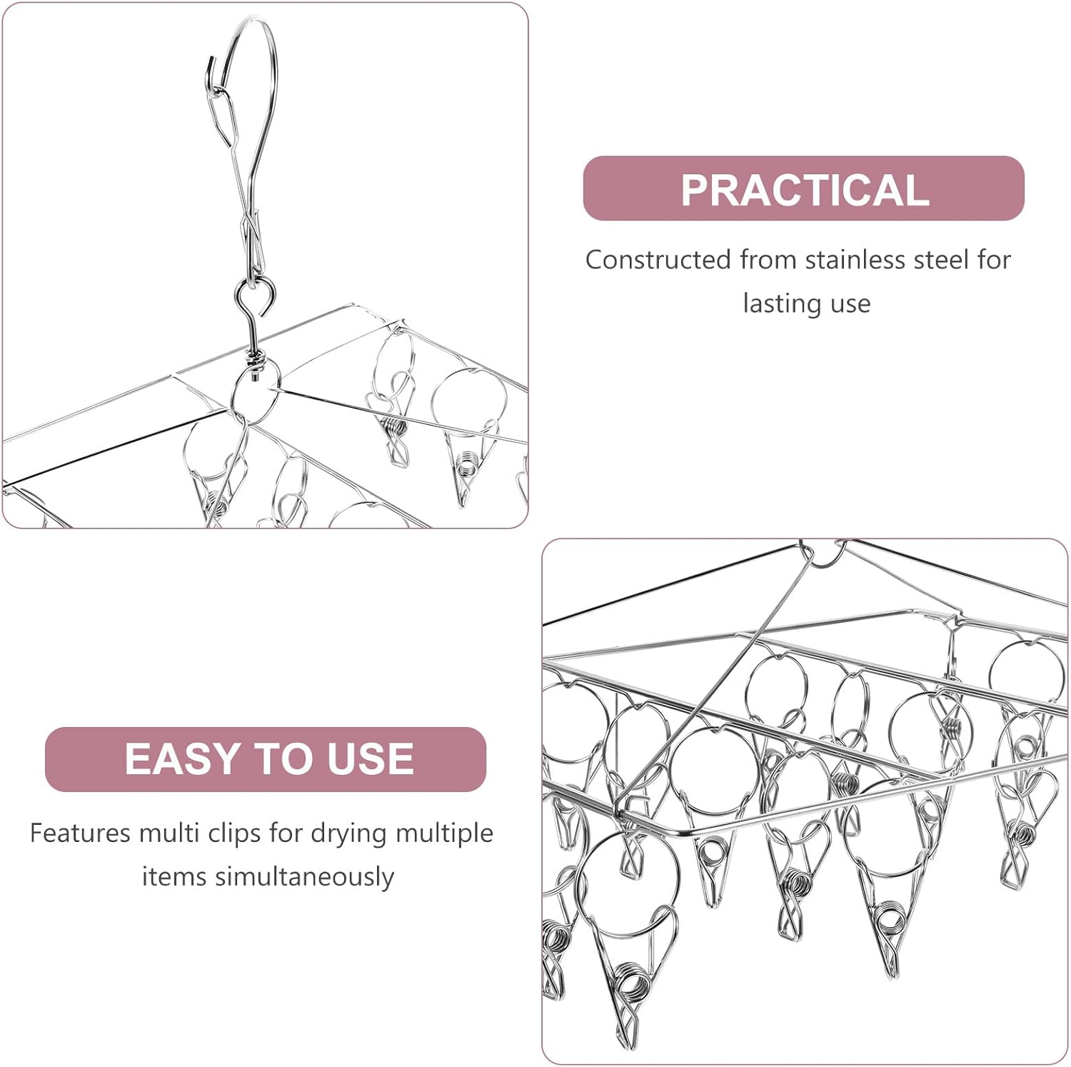 Stainless Steel Laundry Clip Clothes Hanger with 20 Windproof Pegs, Sock Dryer Rack for Outdoor Drying Clothes, Towels, Bras, and Socks Organization