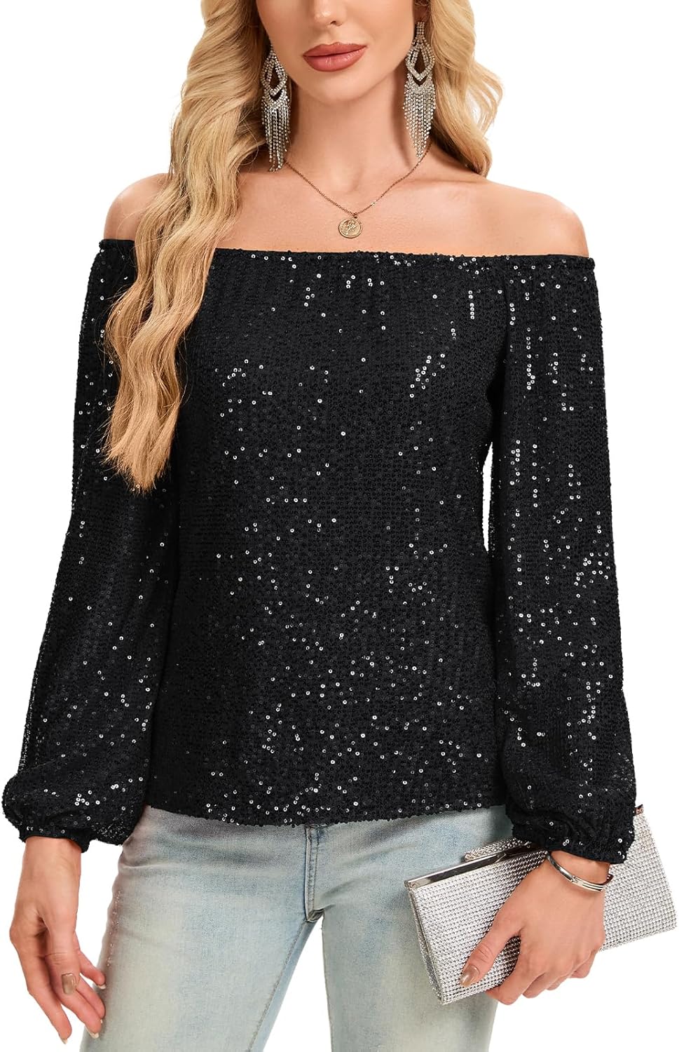 Women's Off The Shoulder Sequin Tops Long Sleeve Glitter Sparkly Dressy Blouses Club Party Top - Image 4