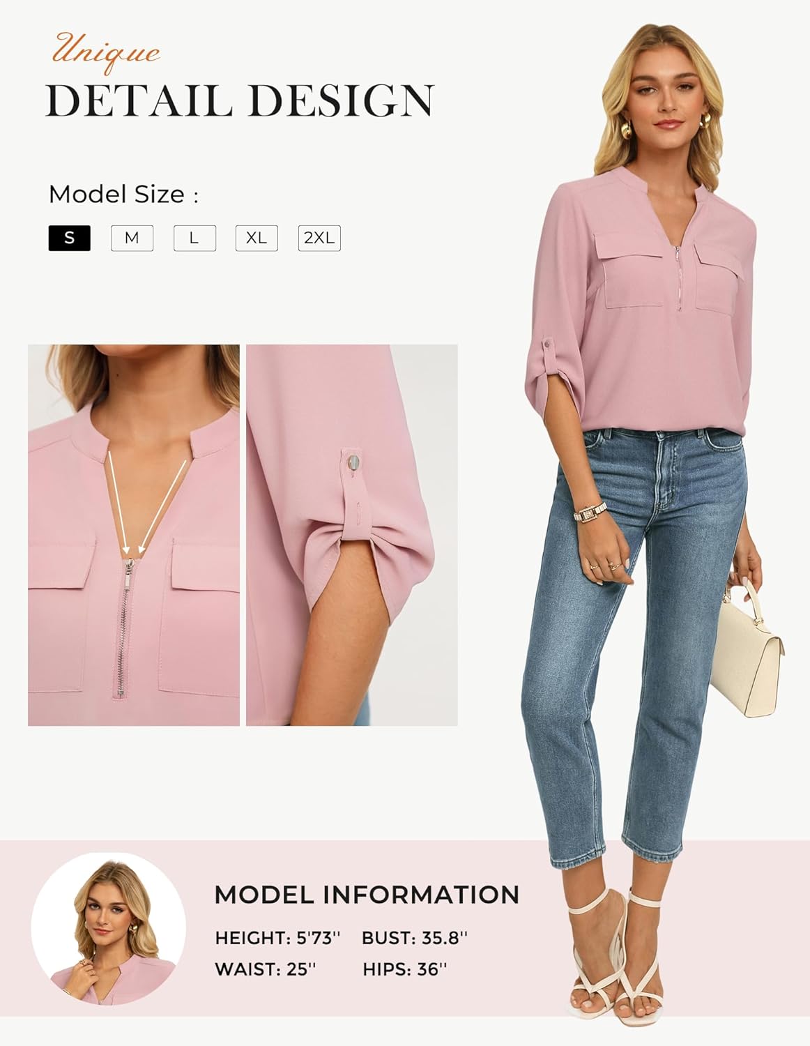 Womens Business Casual Tops,3/4 Sleeve Henley Shirts with Zip Up,Office Work Blouses Lightweight Summer - Image 5