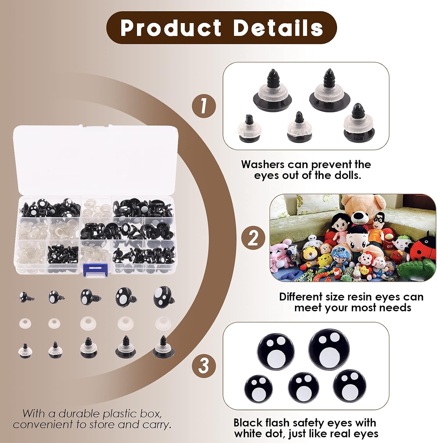 Wokape 260Pcs 8mm 10mm 12mm 14mm 16mm Resin Plastic Safety Eyes with Washers Assortment Kit - Image 5
