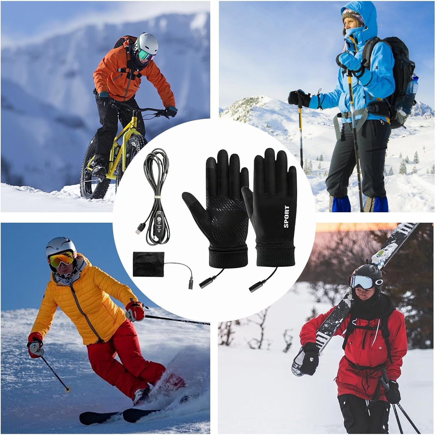Heated Gloves, Windproof Thermal Electric Hand Warmer for Cold Weather with Adjustable Heat Function for Motorcycle Riding, Skiing, Hiking, Work, Outdoor Activities, Snow, Men, Women, Black Fabric, Pa