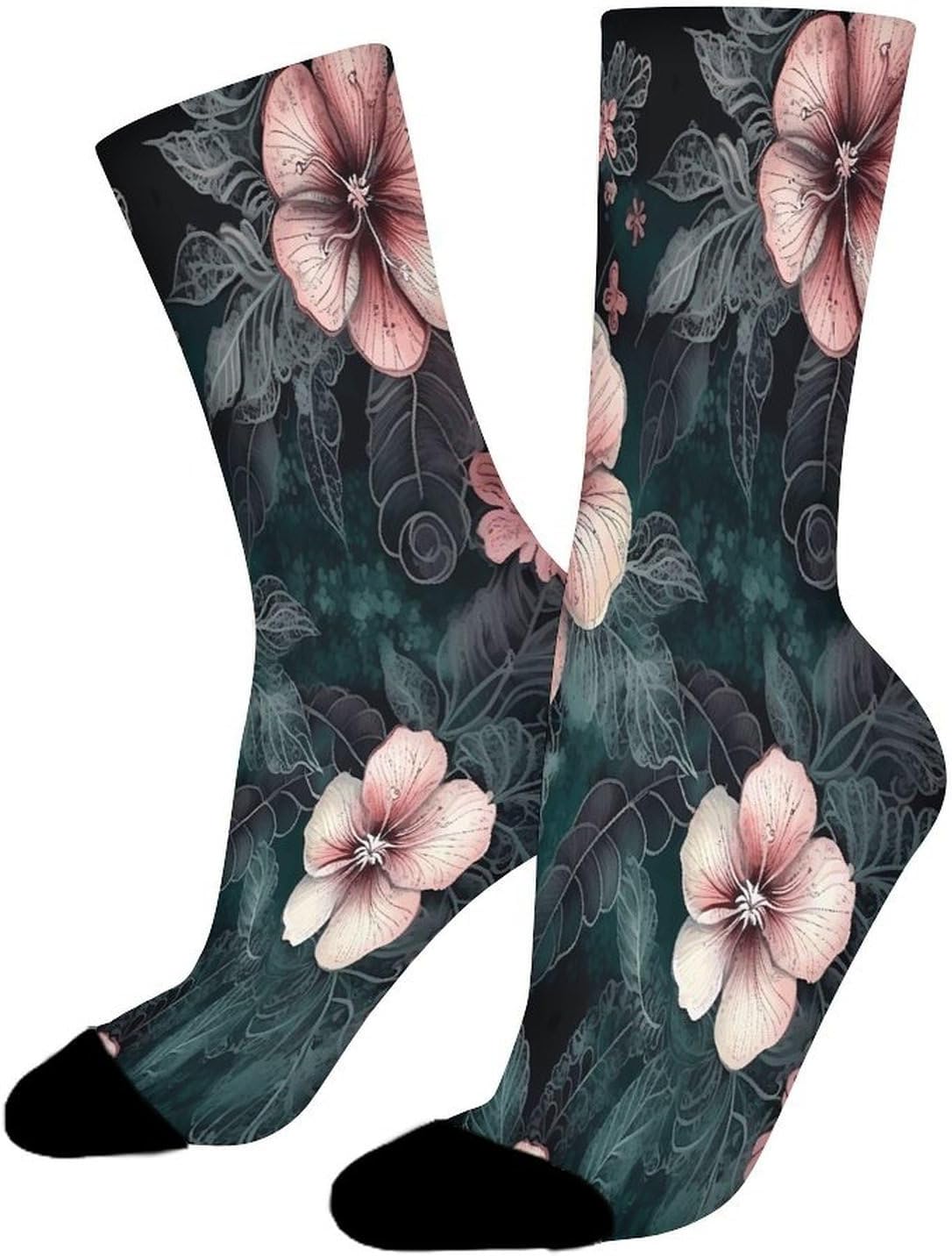 Green Leaves And Flowers Crew Sock High Stocking Grippy Socks | Socks for Men & Women,Stockings-Long Thin Tube Sports, Breathable Soft Athletic for Nurses,Travel