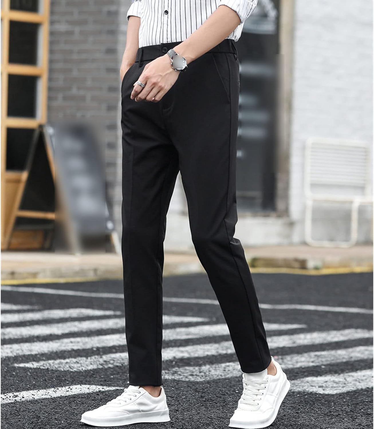 Men's Casual Iron Free Ice Silk Trousers Straight Slim Fit Flat Front Stretch Dress Pant Classic No Iron Pants