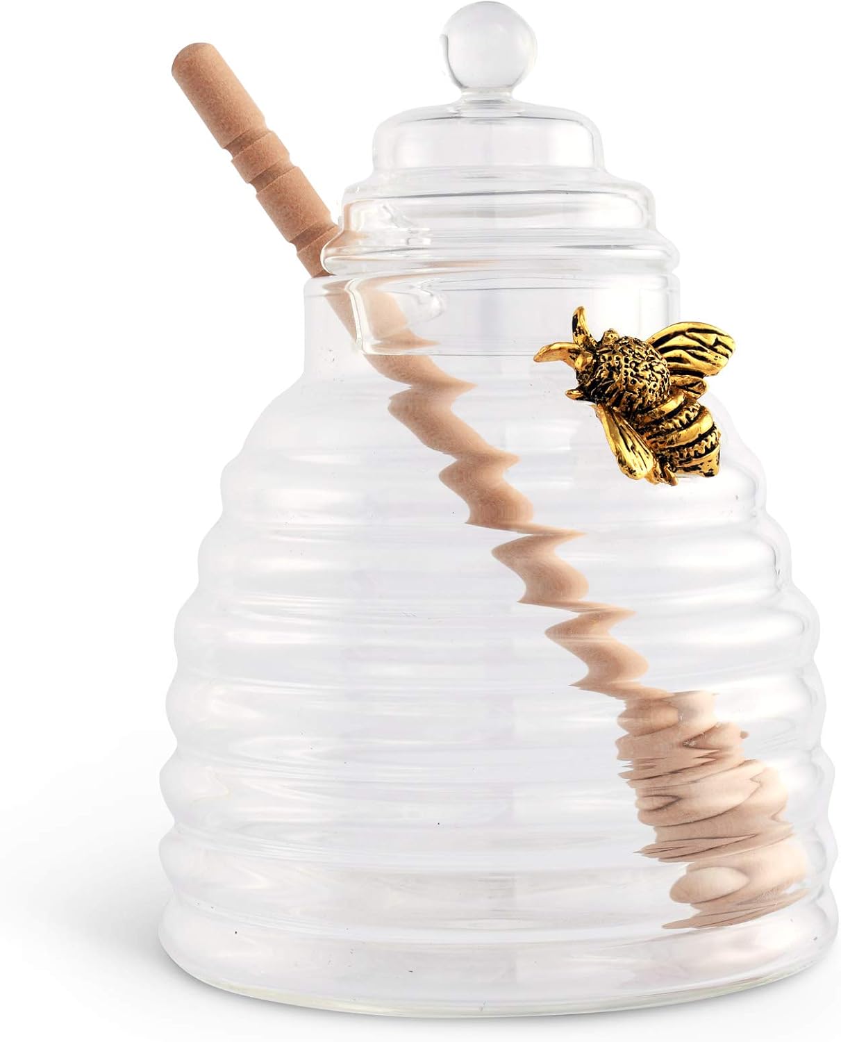 Arthur Court Bee Honey Jar and Dipper Set - Beehive Honey Dispenser for Store Honey and Syrup - Wooden Honey Dipper, Great as Honey Spoon and Syrup Dispenser - Gold Pewter5.5 inch Tall 12 Oz