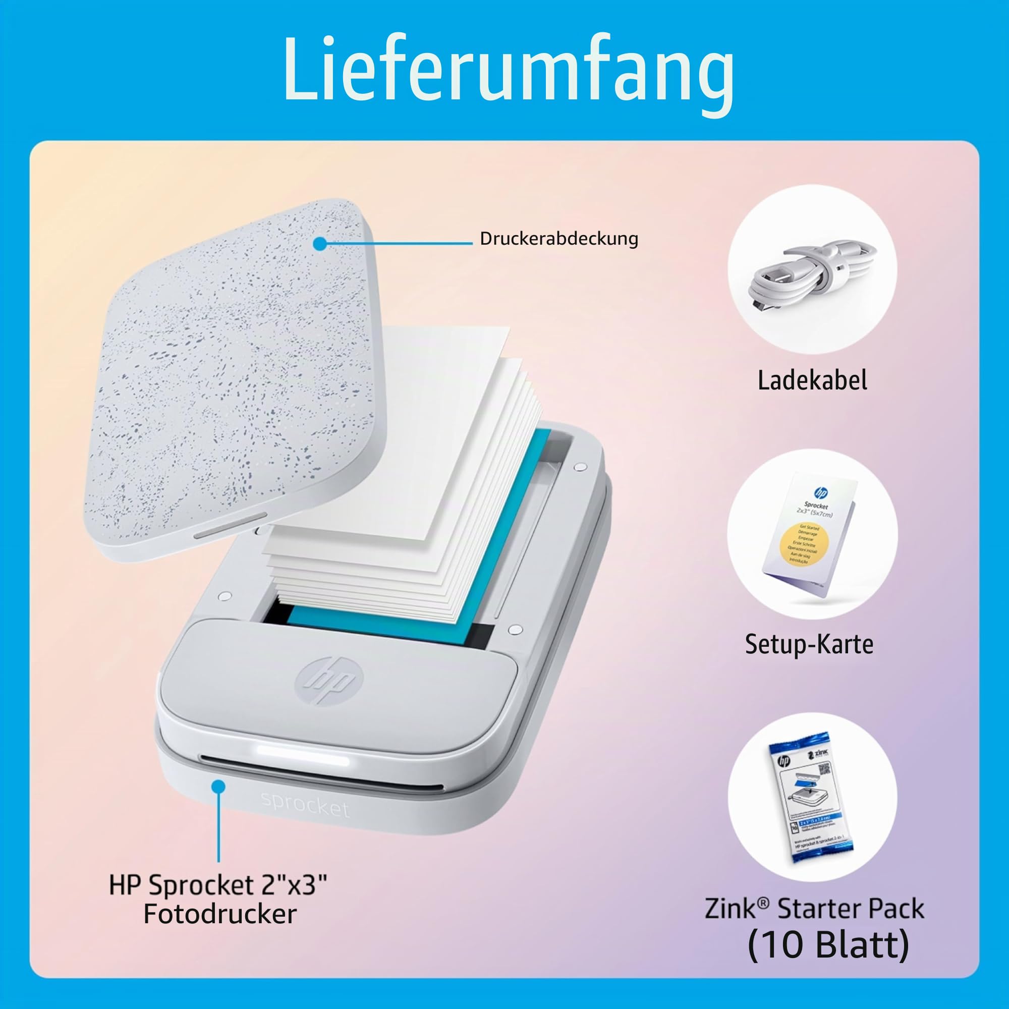HP Sprocket 2x3 Zoll Sofortbilddrucker Weiß Zink-Papierbündel