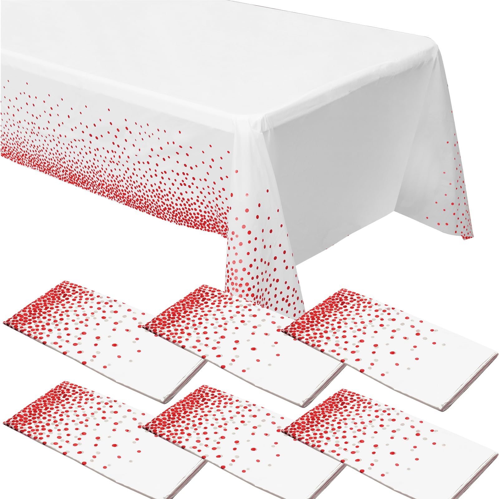 6 Pack White Tablecloths with Red Dot for Rectangle Tables, 54 x 108 inch White Plastic Tablecloths Disposable Waterproof Party Table Cloths Red Dot Confetti Table Cloth for Outdoor Birthday Party