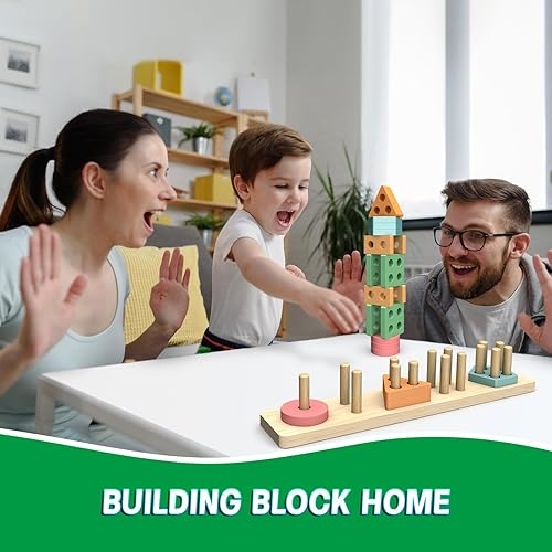 Miniatura 2 de OSLINE Montessori Juguetes de madera para niños de 1, 2, 3 años, 20 juguetes de clasificación y apilamiento de formas de madera, rompecabezas