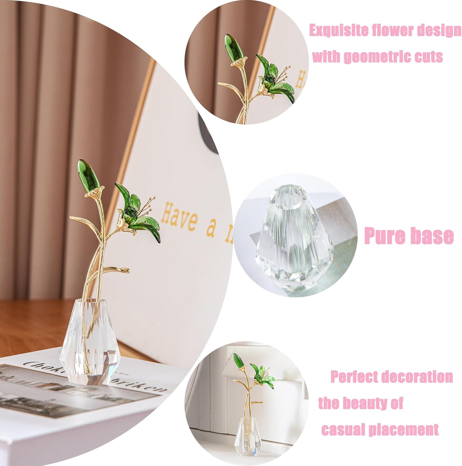 Crystal Lily Artificial Flower Decor Figurine with Vase,Crystal Vase for Flower ，Sunshine Catcher, Home Decor Ornament，Suitable for Bedroom and Living Room Decoration（Green-with Gift Box）