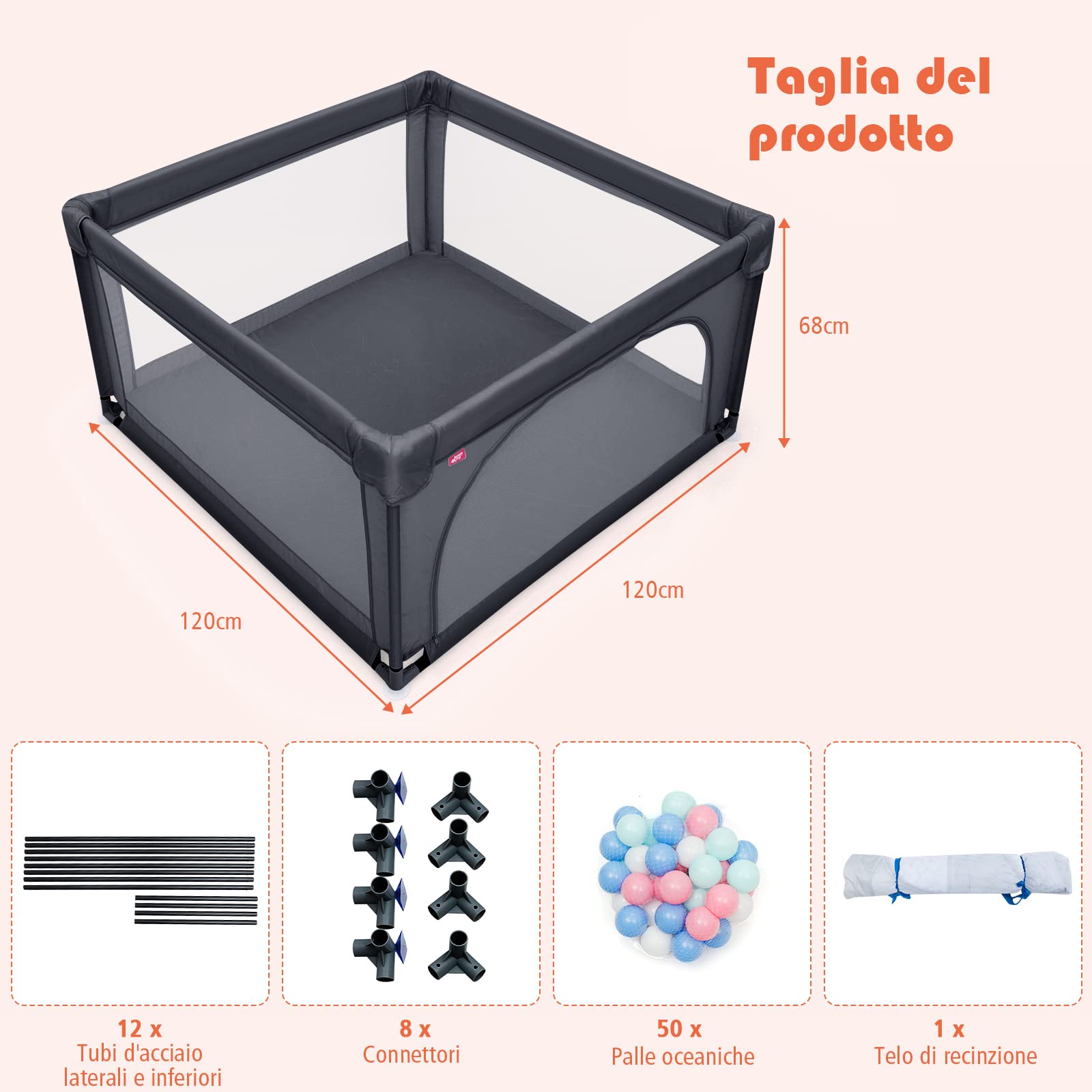 COSTWAY Box per Bambini, Centro Attività Portatile con Cancelli di Sicurezza, Recinto Resistente con Ventose Antiscivolo e Pareti a Rete Traspirante, Cancello per Giocare con 50 Palline (Grigio Scuro)