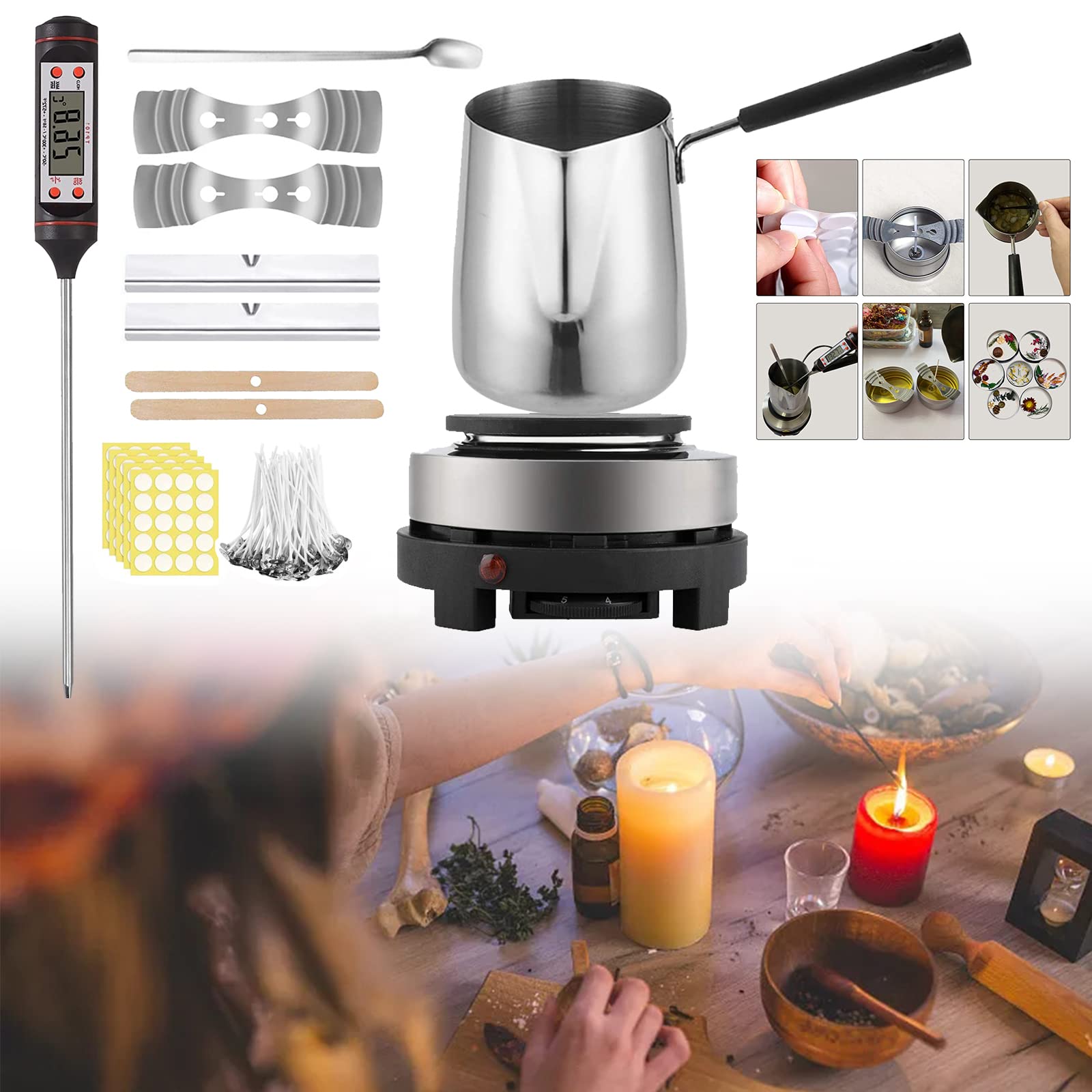 PEALOV Wax Melter for Candle Making,600ml Electric Wax Melting Machine for Candle Making,Pouring Pitcher,Candle Making Supplies,DIY Candle Making Set with Candle Making Themometer for Beginners