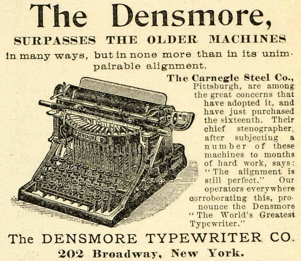 1893 Ad Antique Densmore Typewriter Carnegie Steel Typing