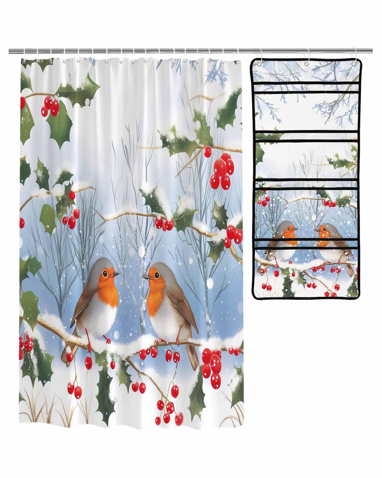 ZFUNCING Shower Curtain Mesh Shower Organizer Set Winter Robin Christmas Holly Berry Waterproof Bath Curtains Hanging Shower Caddy
