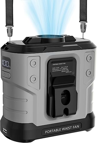 Ventilador de cintura portátil mejorado 2025 de 10000 mAh, 5 velocidades, 30 horas de tiempo de funcionamiento, clip de cintura recargable,