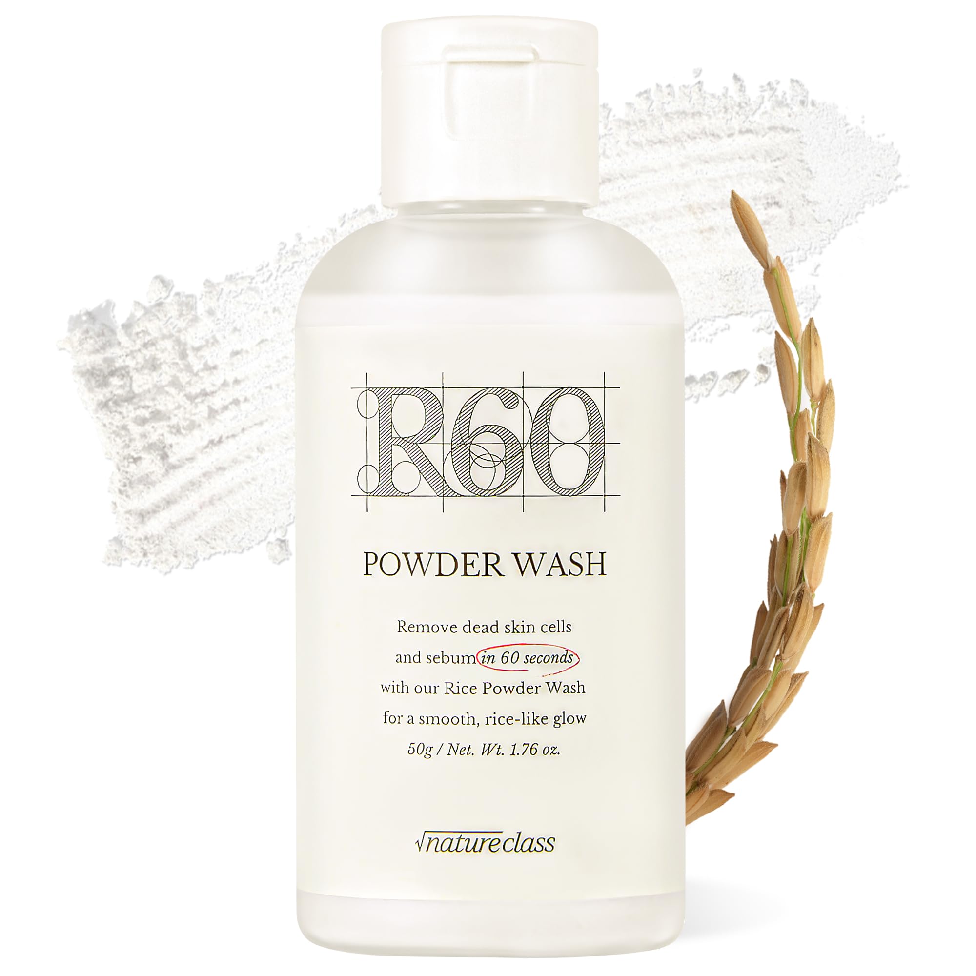 NATURECLASS R60 Rice Enzyme Face Wash Powder – Exfoliating Facial Cleanser with Rice Bran Extract, Gentle Powder Wash for Sensitive Skin, Deep Pore