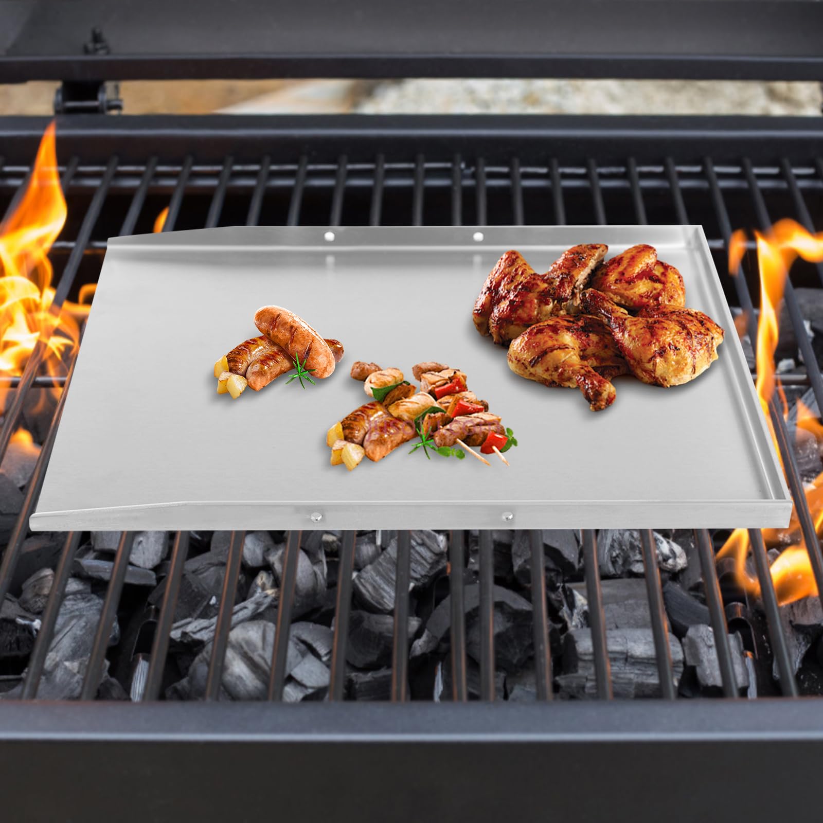 Plancha de acero inoxidable para barbacoa, camping, pícnic, con 2 asas, apta para lavavajillas, inoxidable, para carne, pescado y verduras (plata, 48 x 34 cm)