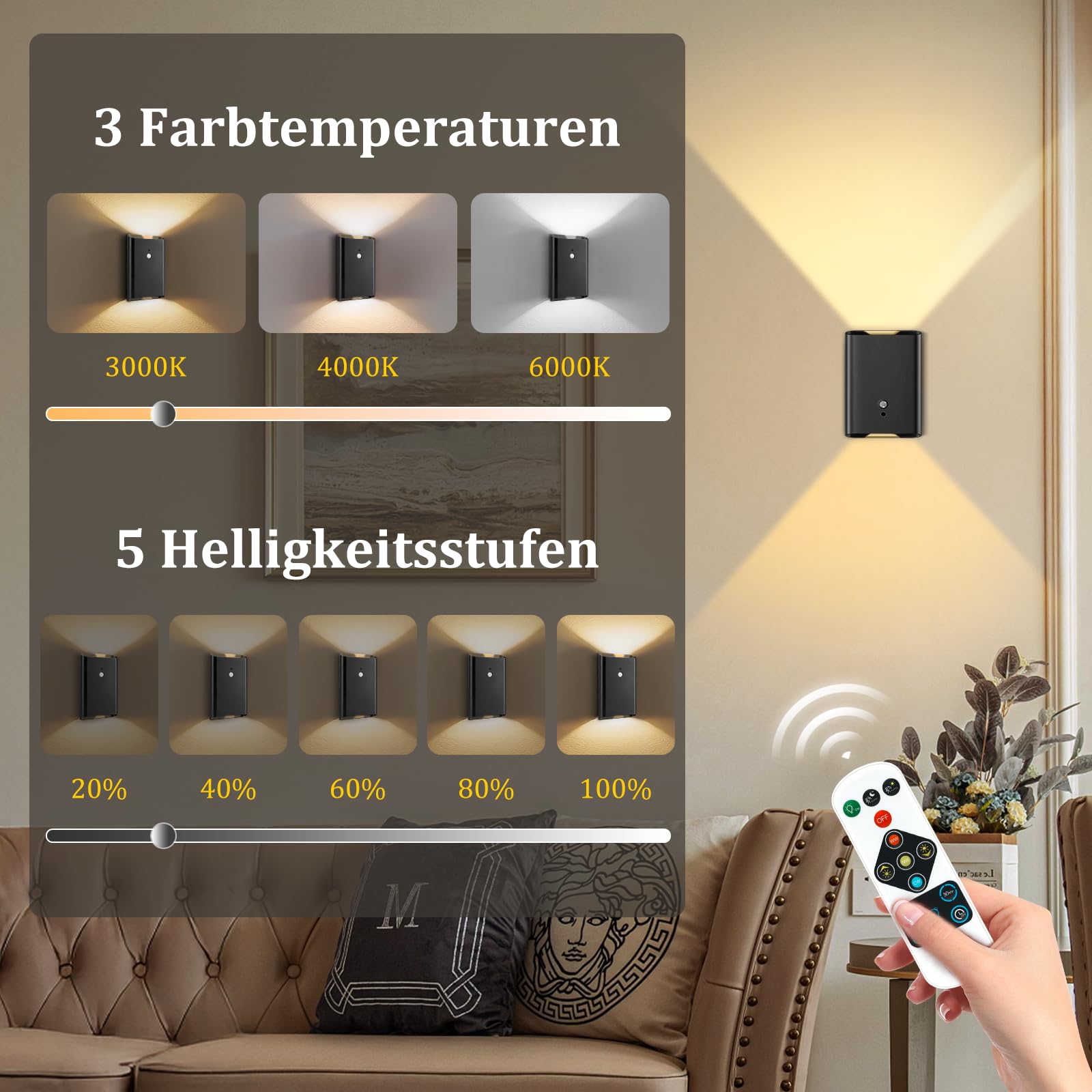 Toowell Wandleuchte Innen Akku mit Bewegungsmelder USB Aufladbar,4 Stück | 5000mAh Akku Wandlampe mit Fernbedienung Innen,Wandleuchte Ohne Stromanschluss mit 3 Modi,Schwarz Wandlampen für Schlafzimmer