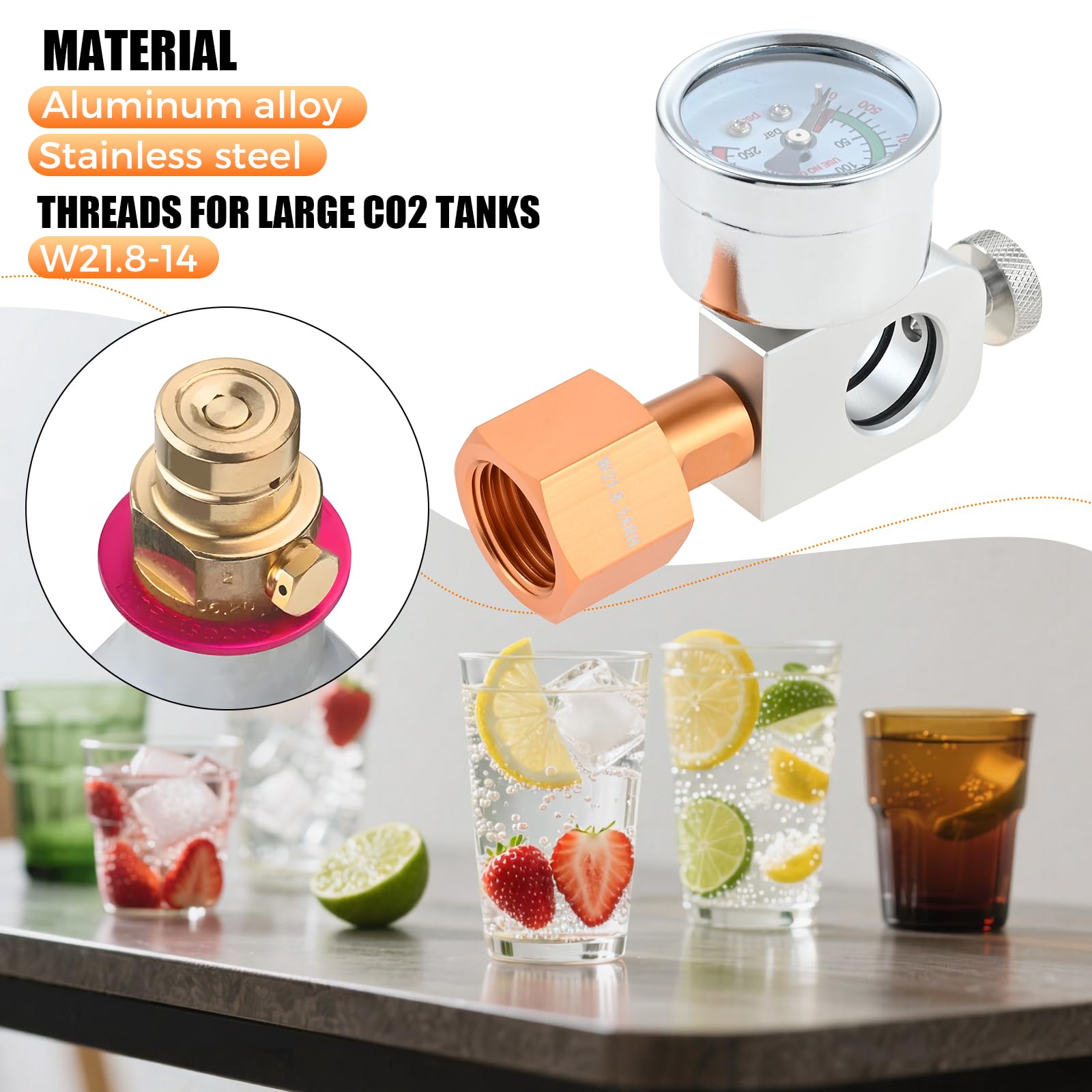 Adattatore CO2 ricambi Quick Connect per cilindri W21.8-14, CO2 bombole di gas Refill adattatore con manometro da 3500psi, compatibile con Duo, Art, Terra, Crystal 3.0, Gaia