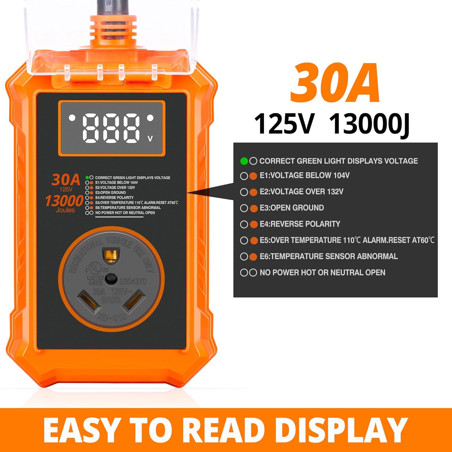 Rv Surge Protector 30 Amp, 13000 Joules RV Circuit Analyzer Surge Protector with Waterproof Cover and LED Display, Smart RV Adapter Plug for Camper, Travel Trailers, Orange