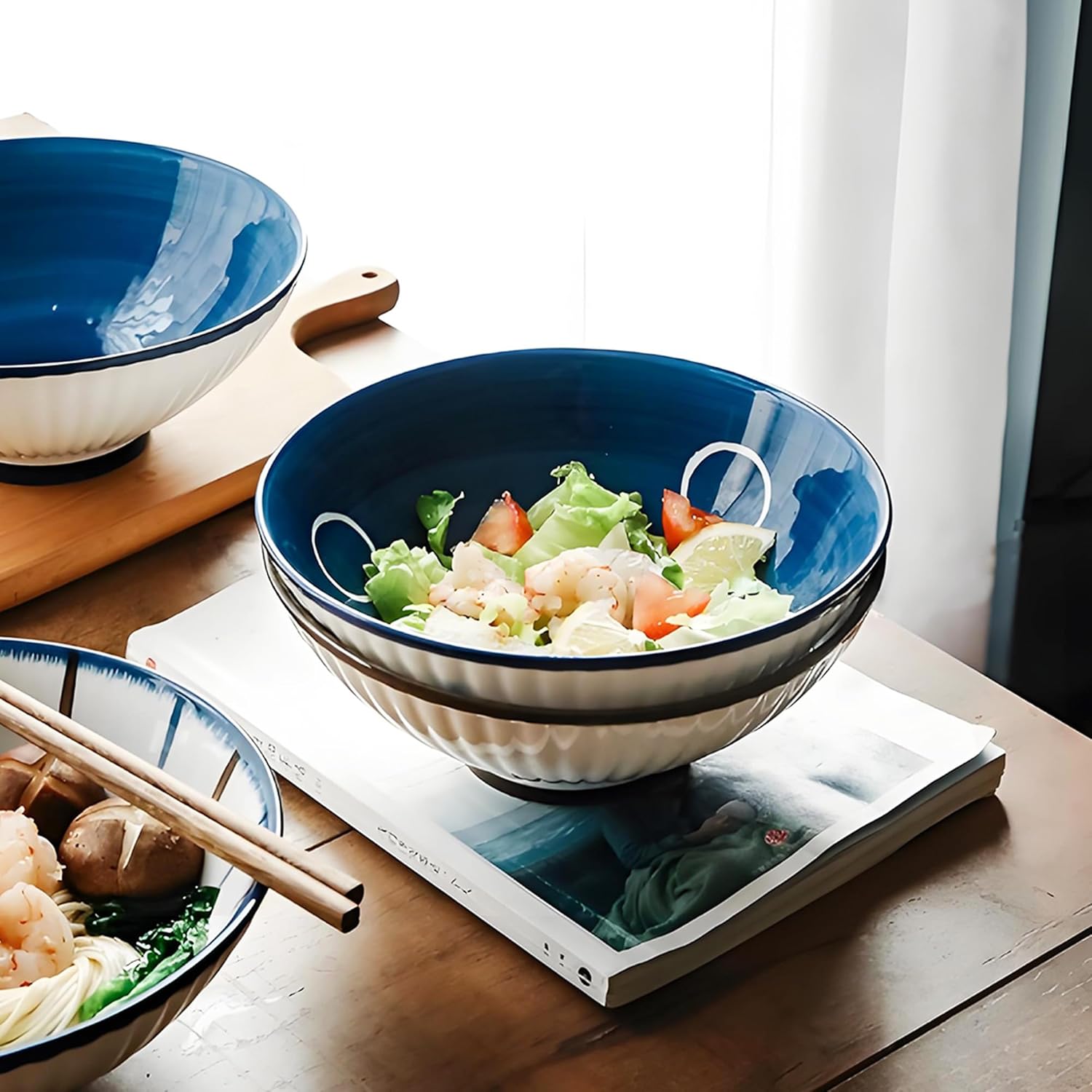 Porcelain 8 Inch Ramen Bowls Set of 4, 38 Oz Ceramic Soup Bowls for Udon, Soba, Noodles and Soup, Ideal for Japanese Cuisine Home Kitchen Dining, Blue and White