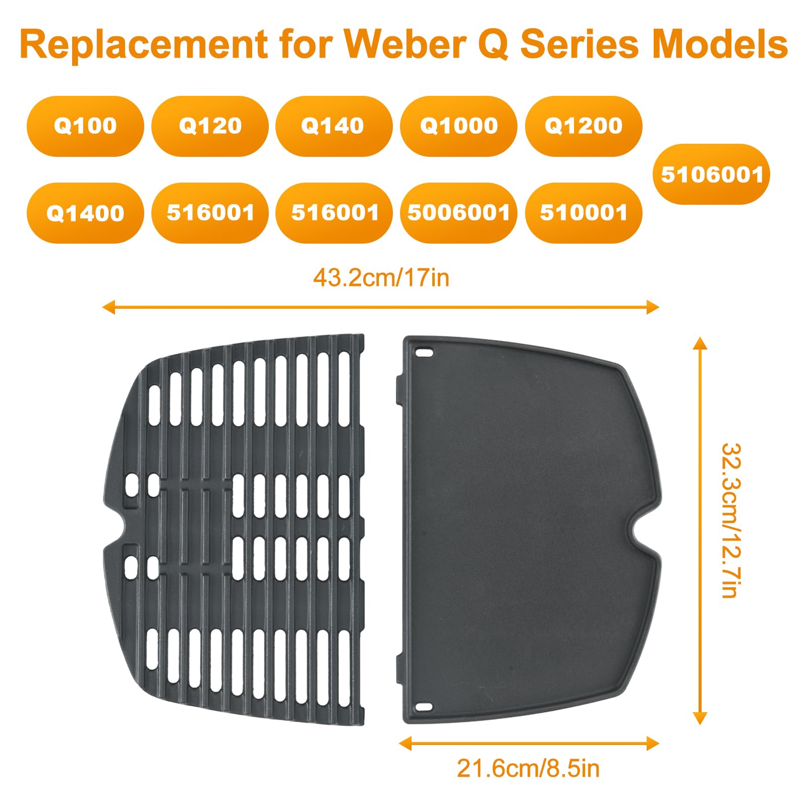 Ricambi per griglia in ghisa per Weber serie Q100, Q120, Q140, Q1000, Q1200, Q1400, piastra crostiera in ghisa da 32,3x21,6 cm, accessori per griglia, confezione da 2 (6558 + 7644 piastra )