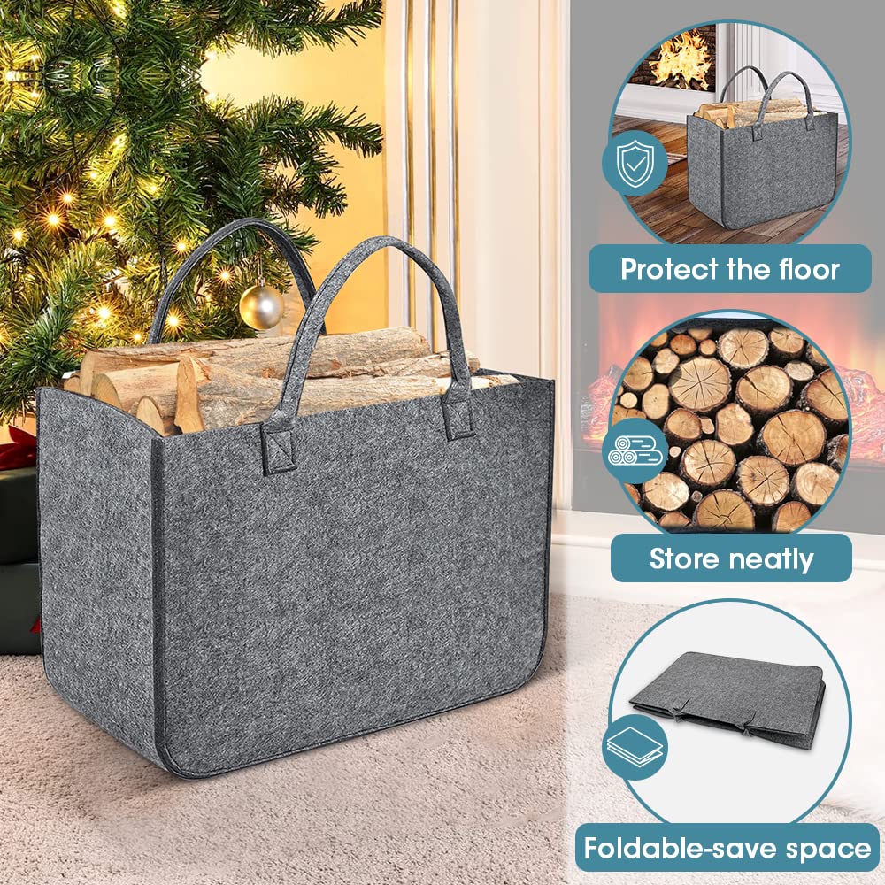 Borsa per Legna da Ardere in Feltro, 2 Pezzi Borse per Spesa Cesto per Legno, Pieghevole Portalegna da interno per Camino, per Shopper, Portariviste da Terra, Giornale, Giocattoli (Grigio Medio)
