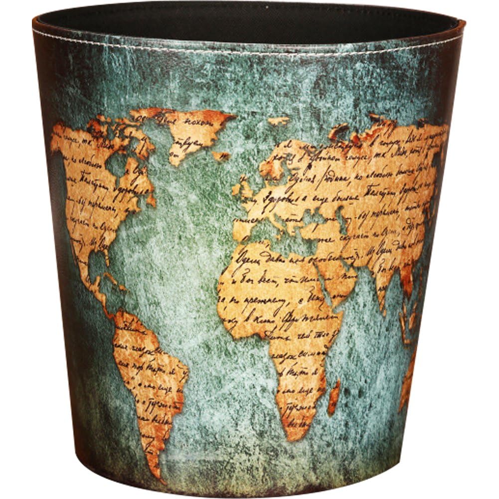 Vobumix Leather Trash Can European-style Leather Waste Container World Map Pattern Dustbin Large Capacity Paper Basket Garbage Can for Home