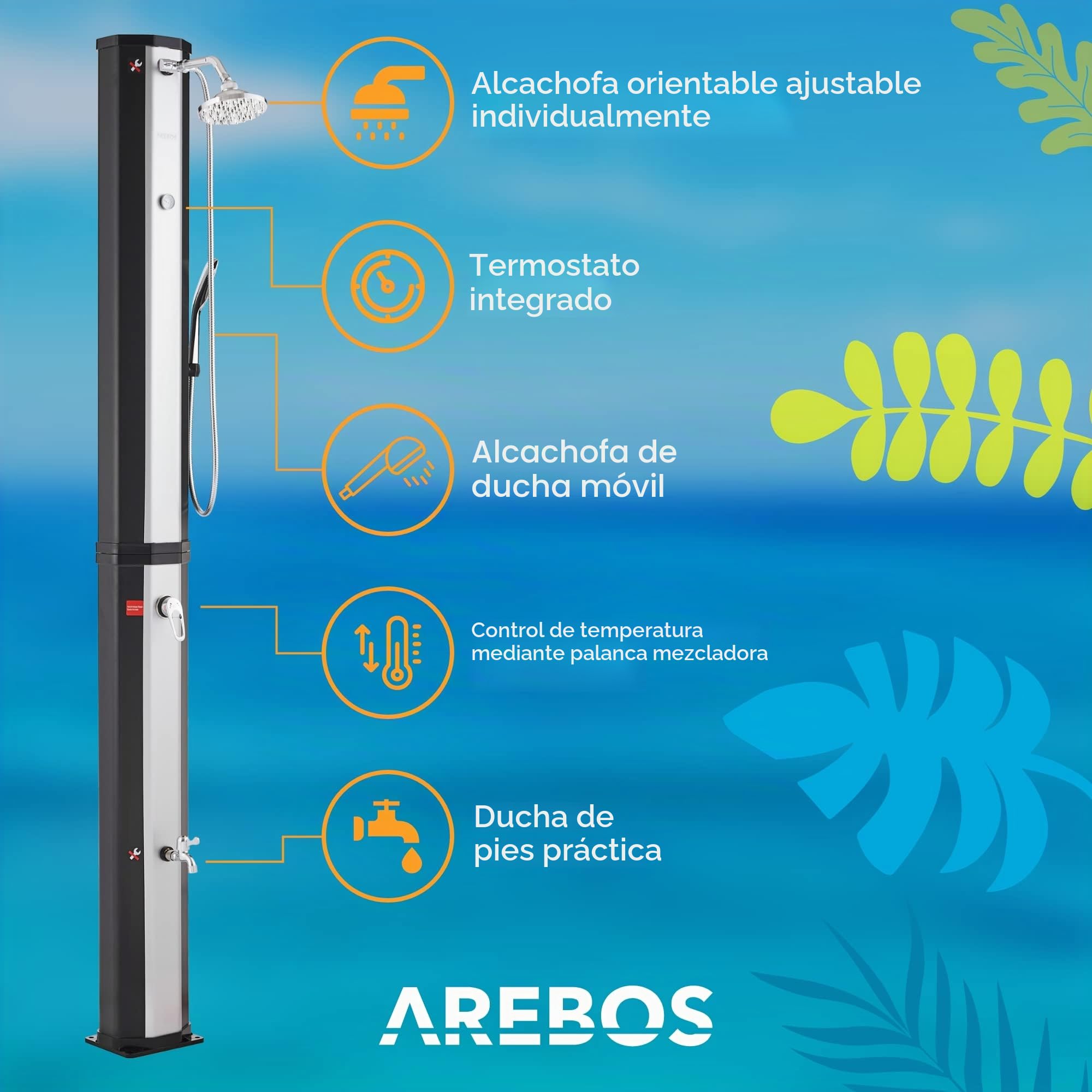 Arebos Ducha Solar de 60 l, con Ducha de Mano y termómetro, Temperatura del Agua hasta 60 °C, Ducha de Piscina para Camping, Cabezal de Ducha Redondo, tecnología Snap-in, Incluye Cubierta