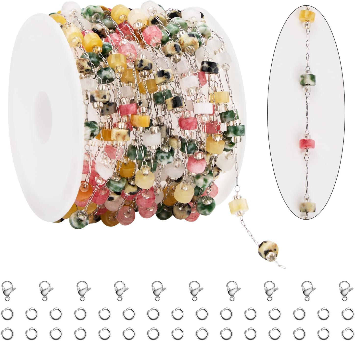 KYUNHOO 3.2 Yard Colorful Cylindrical Bead Chain for Jewelry Making Silver Necklace Craft Chains Bulk Thin Stainless Steel Jewelry Supplies with Lobster Clasps Jump Rings