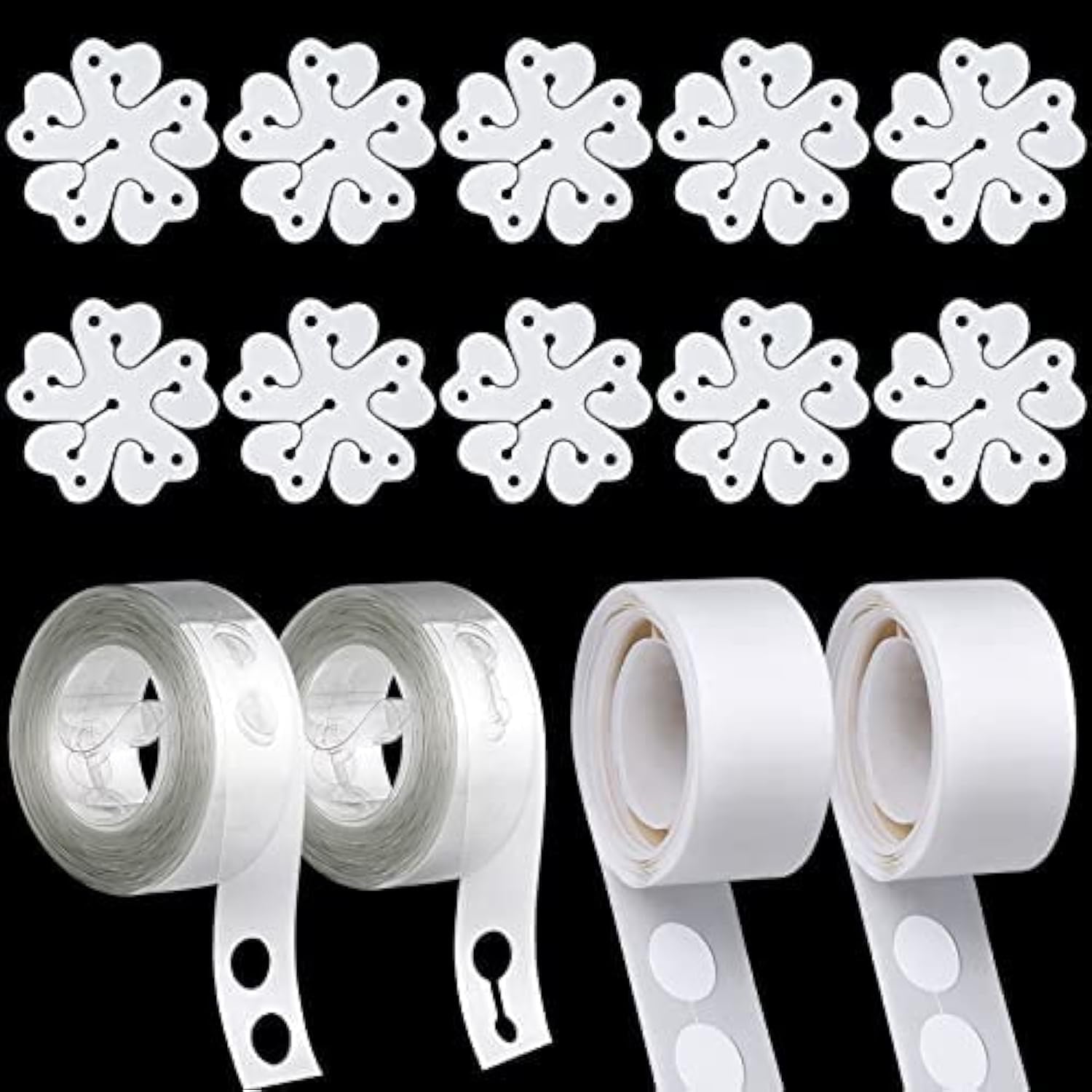 DONQL Balloons Girlande Streifen und Luftballon Kleber Punkt Aufkleber, 2 Rollen 16 Fuß Ballon Girlande Streifen 10pcs Ballon Blume Clips 200 Klebstoffpunkt Aufkleber für Hochzeitsfeier/Geburtstag