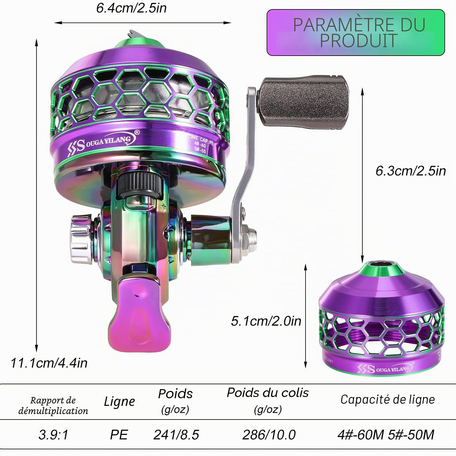 Sougayilang Spincast Moulinet de pêche Retrieve pour gaucher/droitier, engrenage entièrement en métal durable avec haute performance, fil de pêche en polyéthylène, 3.9:1 High Speed Gear Ratio Spincast